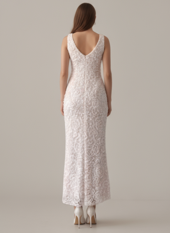 Pink 3D Rose Appliqué V-Neck Midi Dress