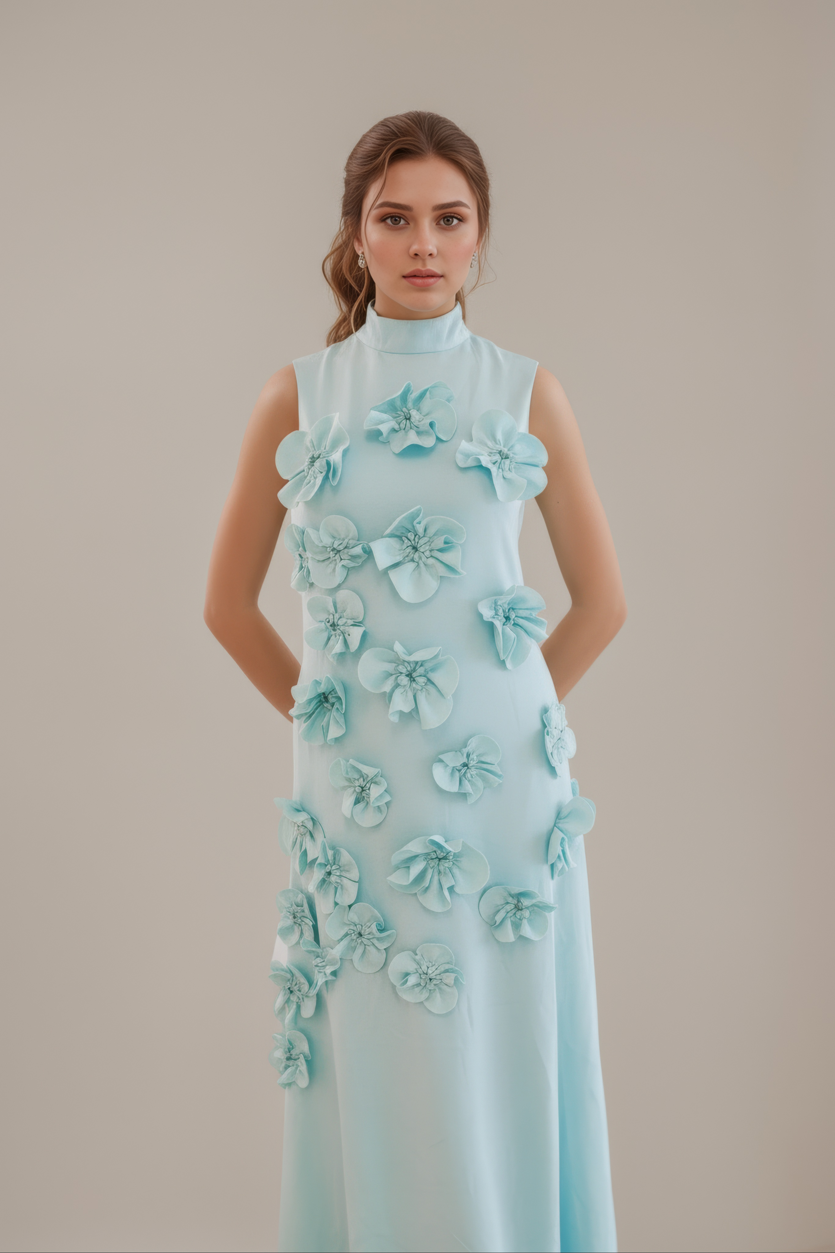 Lavender High-Neck Dress with Floral Detailing