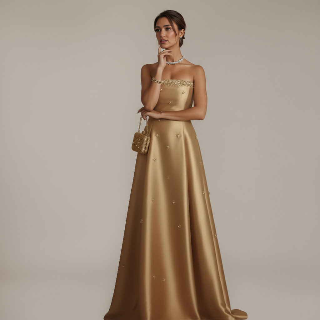 Gold Strapless Embellished Satin Gown
