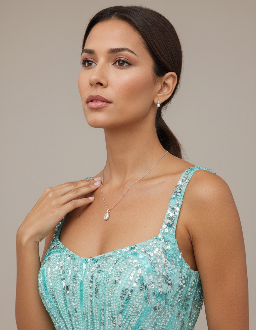 Aqua Beaded Strappy Fringe Evening Gown