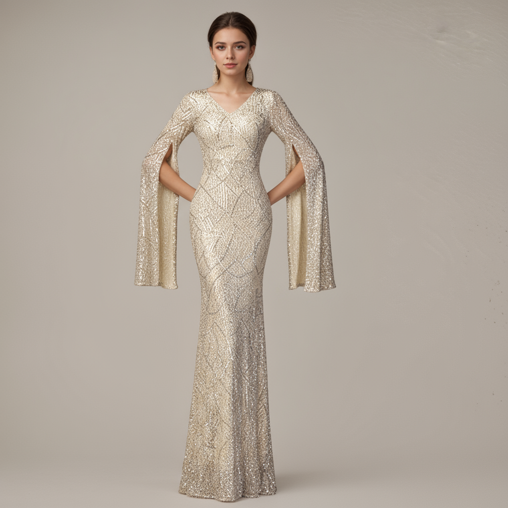 Sequined Cape-Sleeve maxi Dress