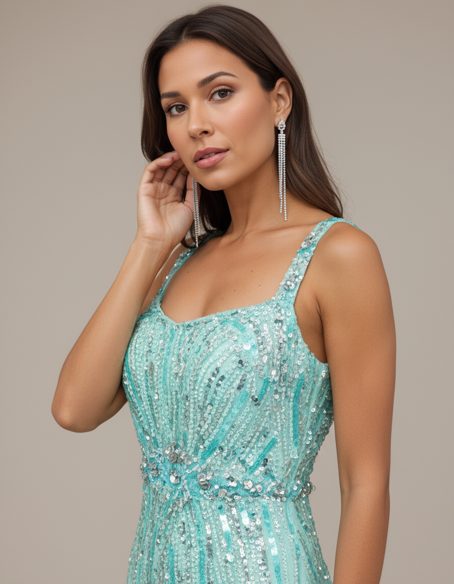 Aqua Beaded Strappy Fringe Evening Gown