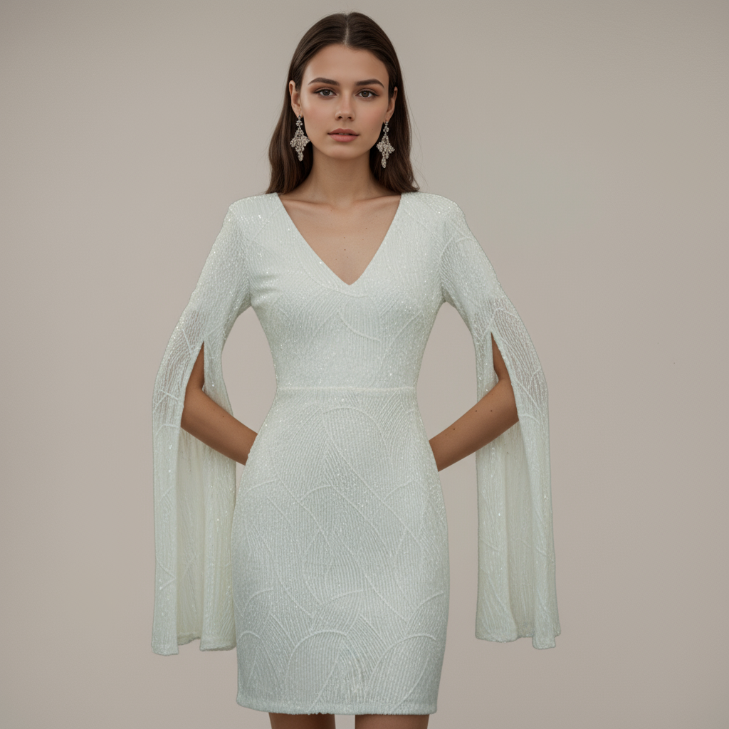 White Sequined Cape-Sleeve Mini Dress