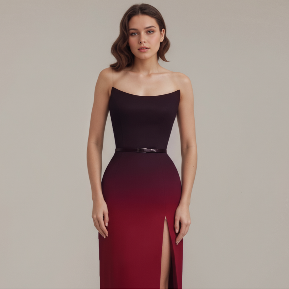Ombre strapless gown with high slit