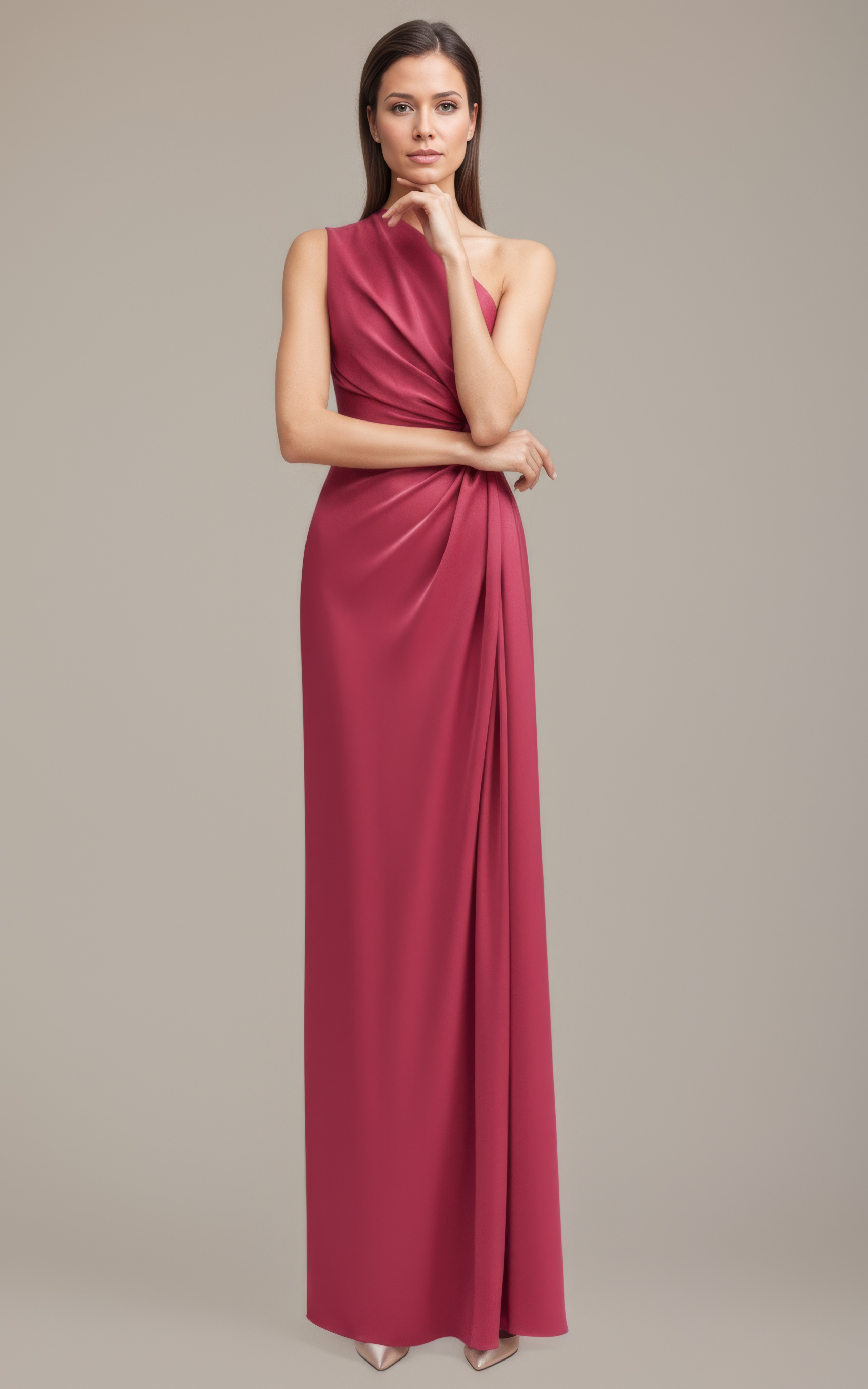Rosé Twist One-Shoulder Draped Gown - Side View