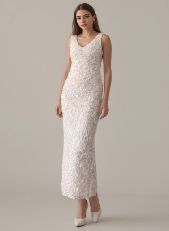 Pink 3D Rose Appliqué V-Neck Midi Dress