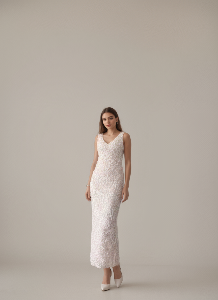 Pink 3D Rose Appliqué V-Neck Midi Dress