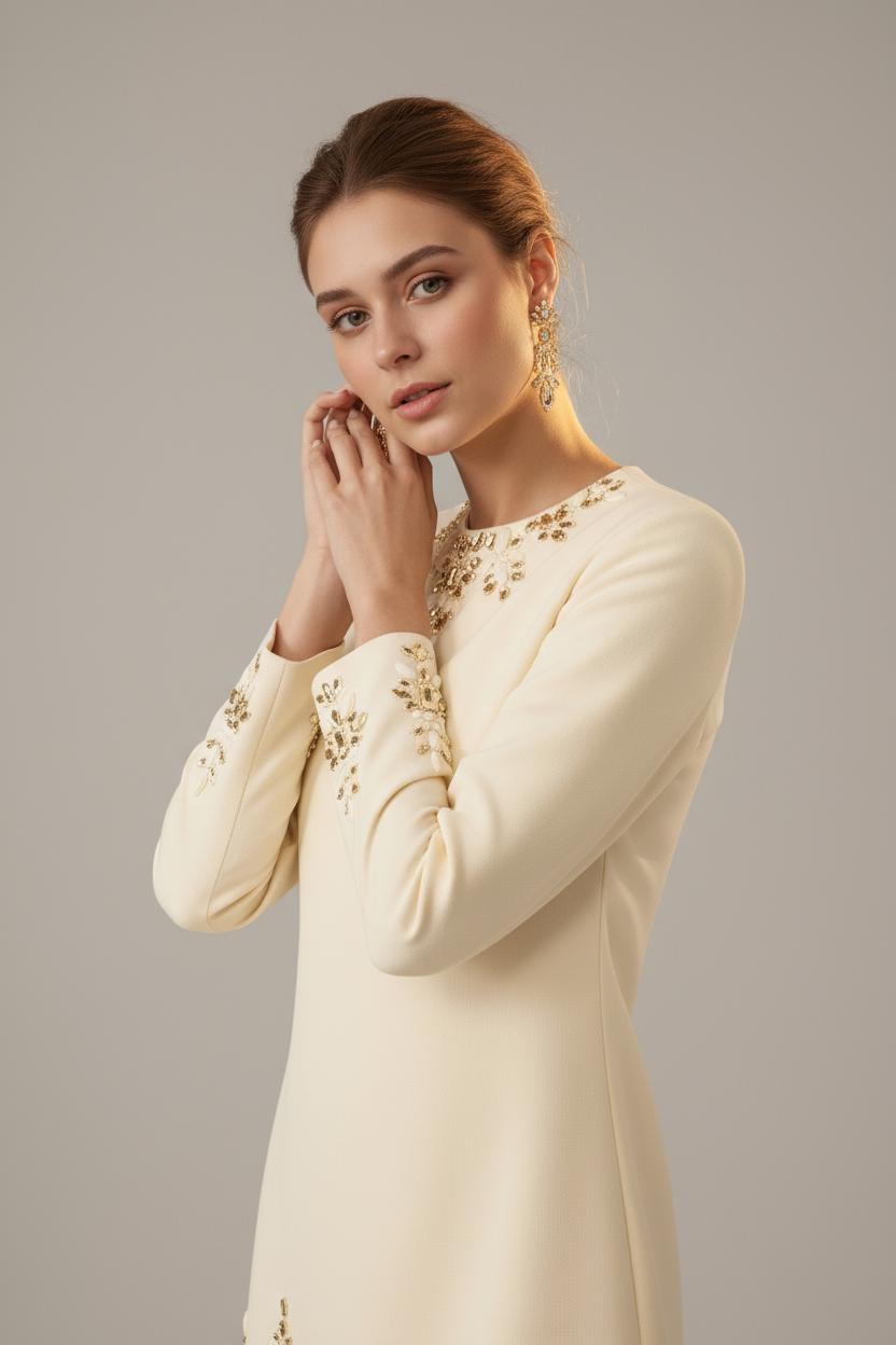 Embroidered Pearl Collar Mini Evening Dress