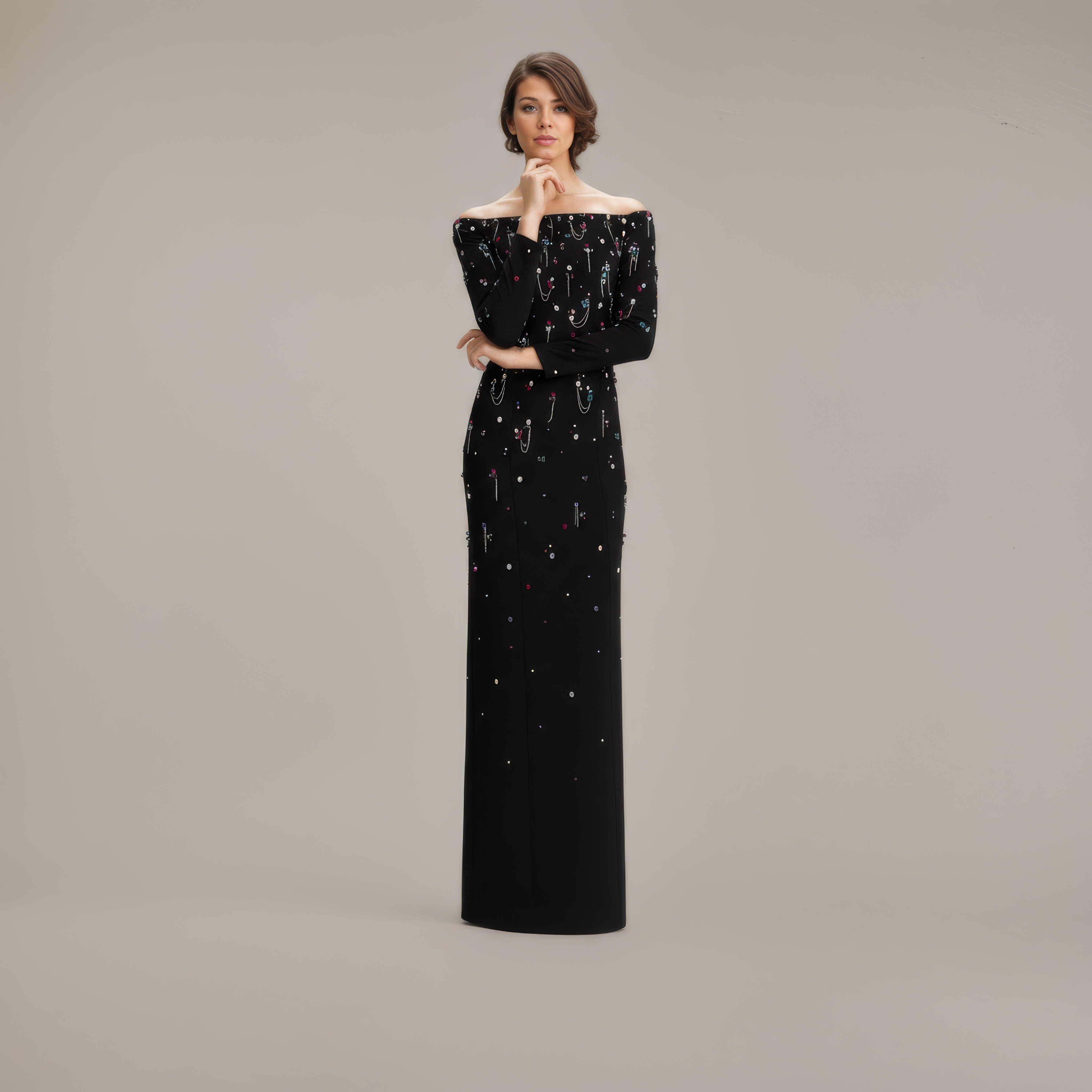 Heavy Beaded Black Star Neckline Dress