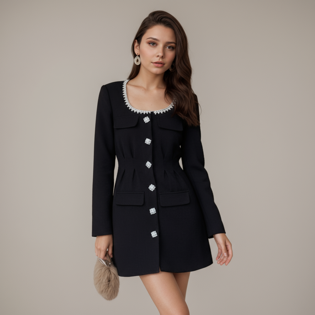 Noir Bijou Pearl-Trimmed Little Black Dress