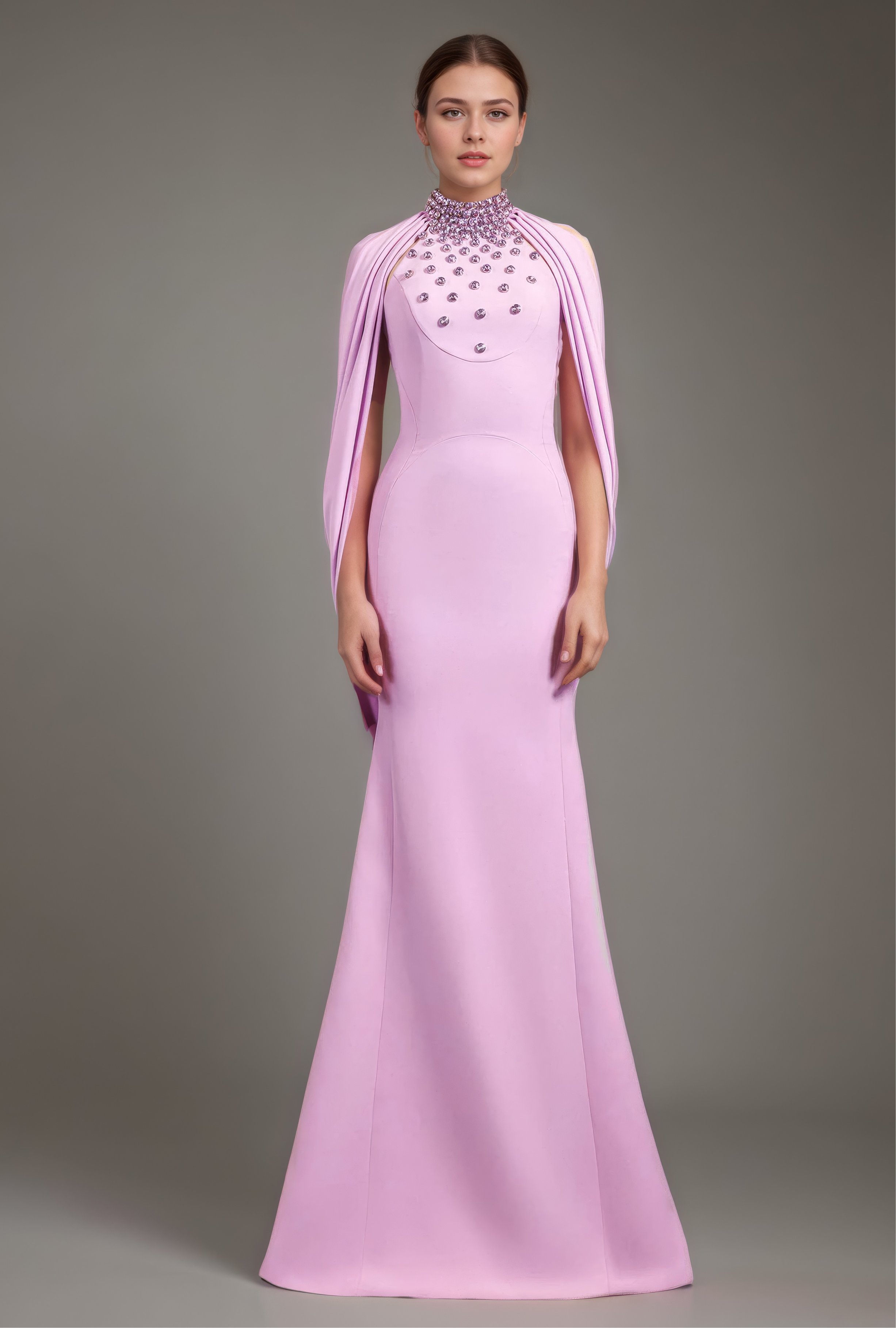 Embellished Halterneck Gown with Draped Cape