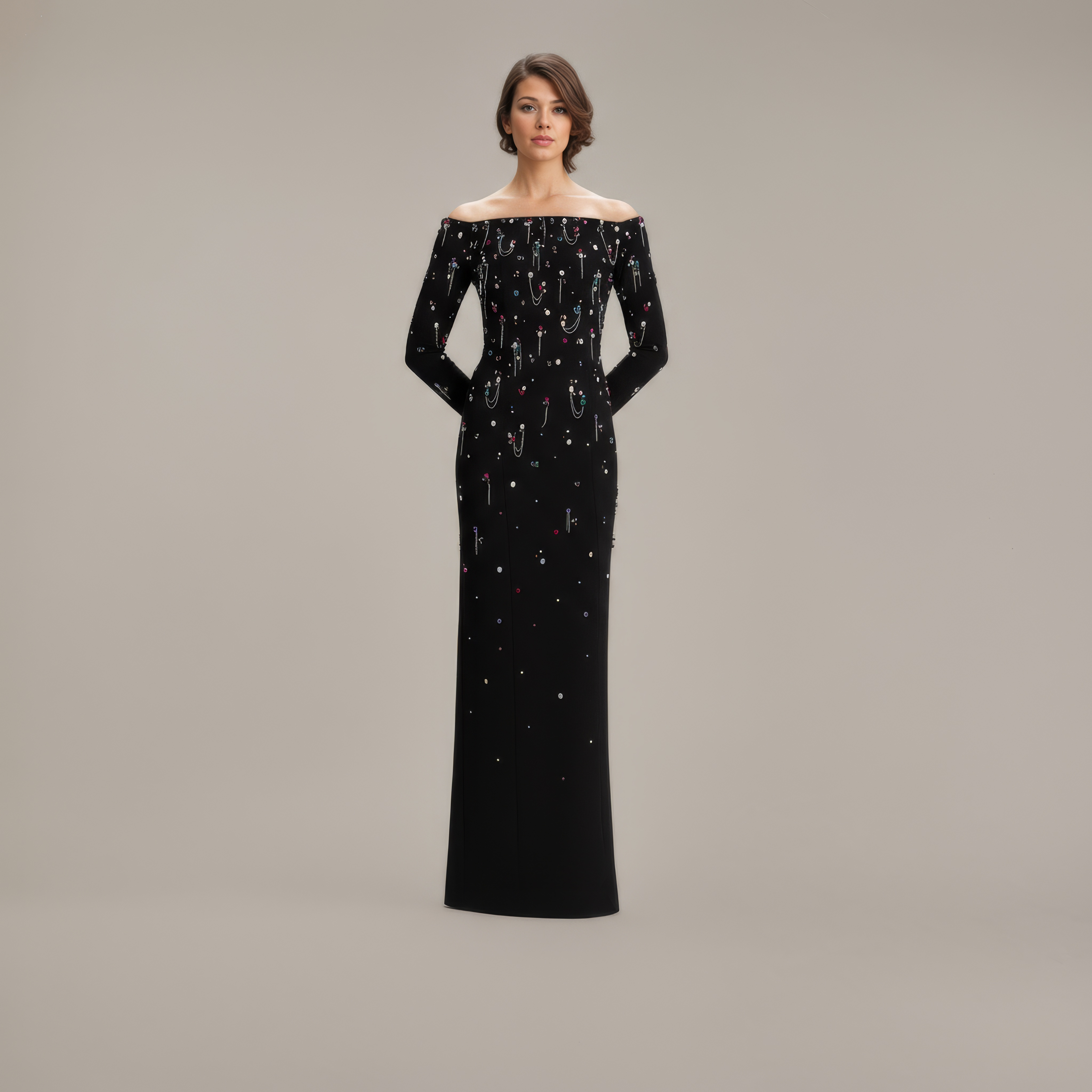 Heavy Beaded Black Star Neckline Dress