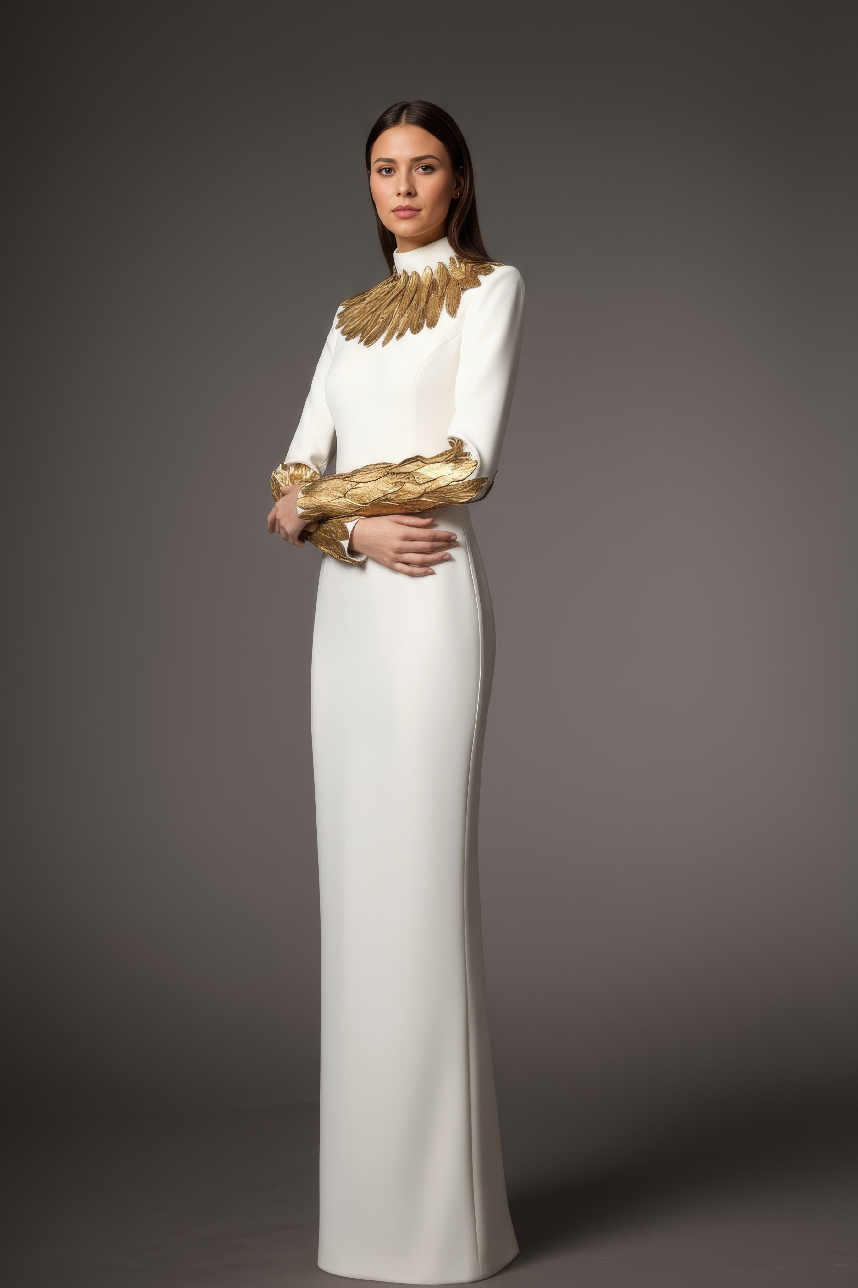 Gilded Feather Couture Host Evening Gown