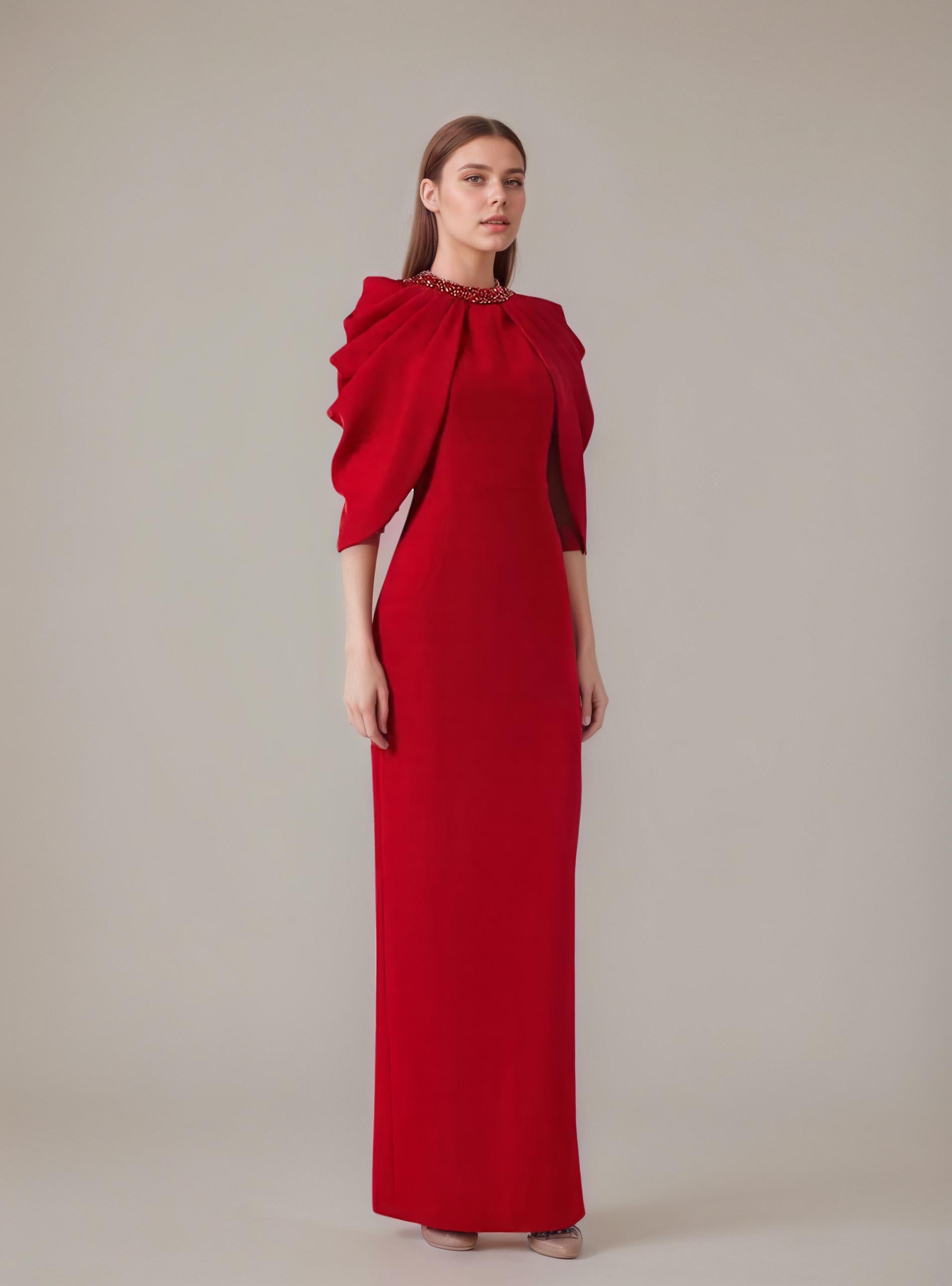 Adriana Regal Beaded Neckline Red Evening Dress - Detail View | Orabella