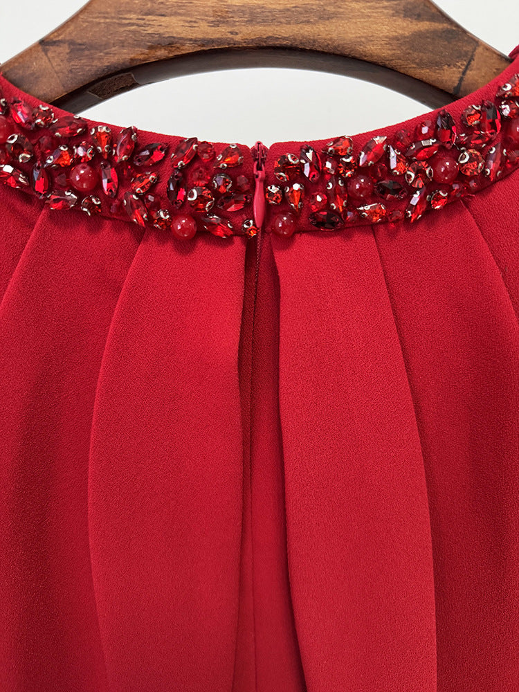 Adriana Regal Beaded Neckline Red Evening Dress - View 6 | Orabella