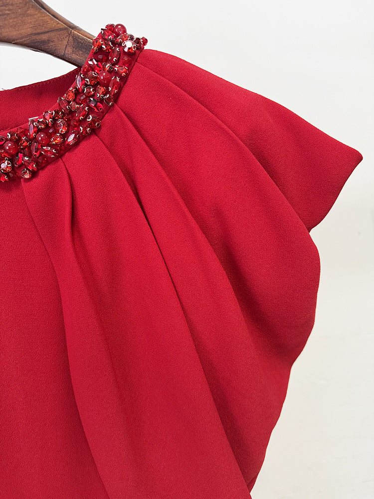Adriana Regal Beaded Neckline Red Evening Dress - View 5 | Orabella
