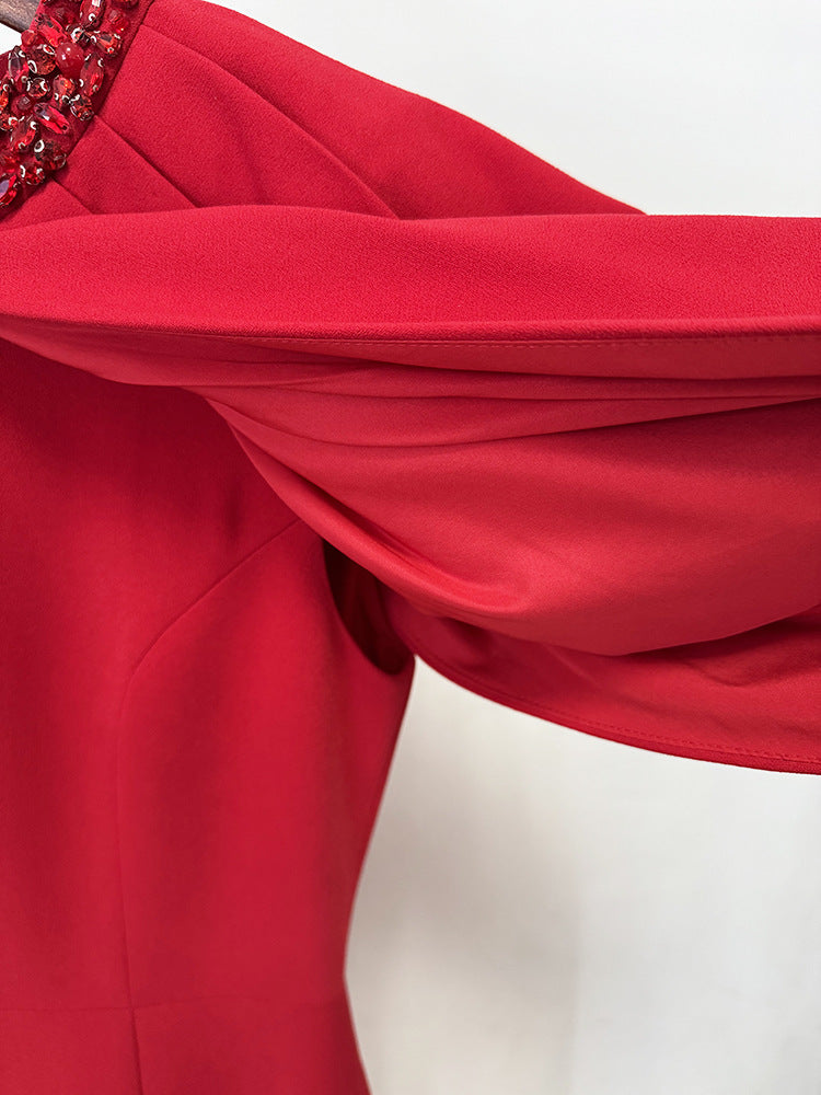 Adriana Regal Beaded Neckline Red Evening Dress - View 7 | Orabella