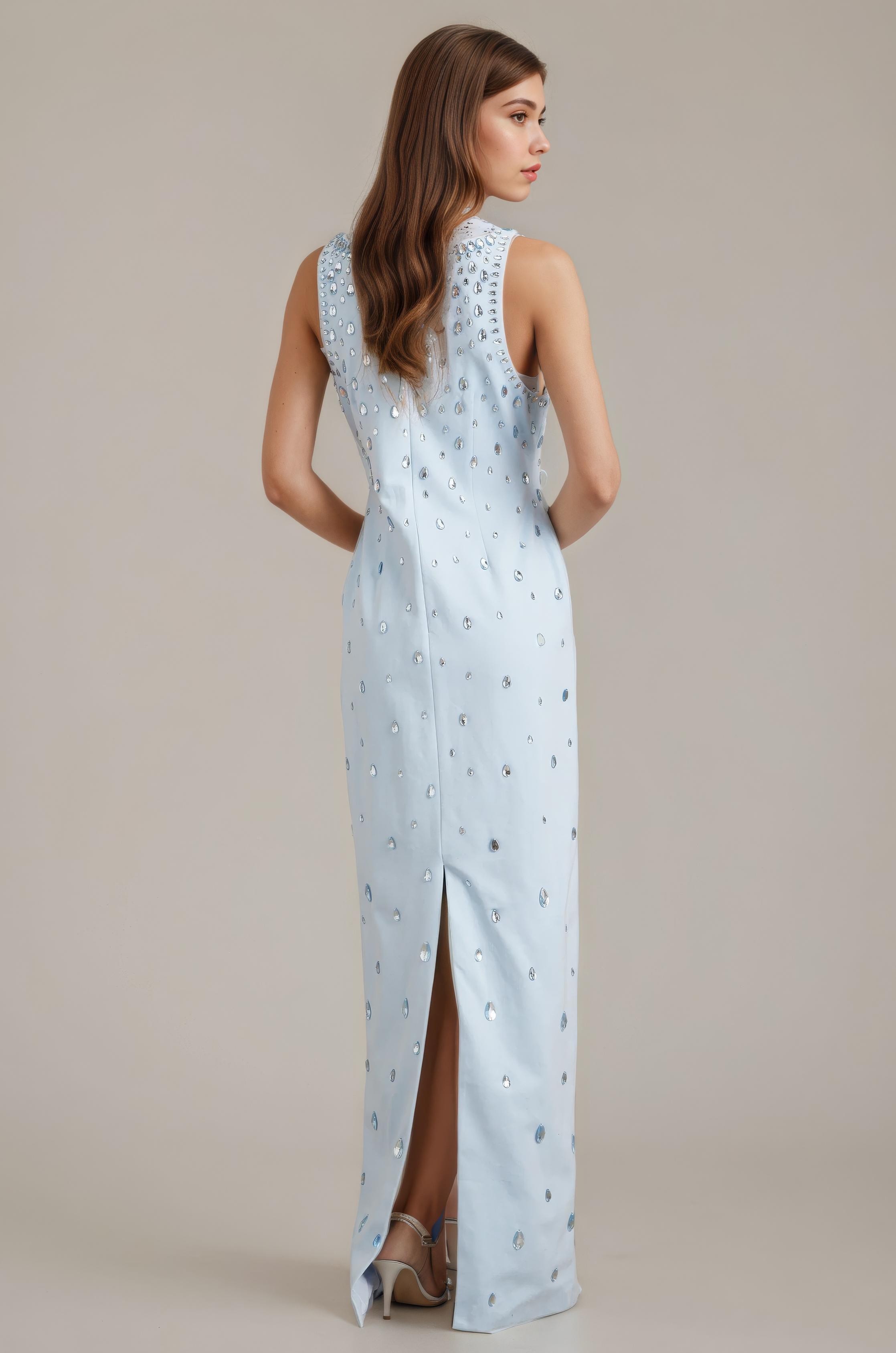 Azure Dewdrop Embellished Column Gown