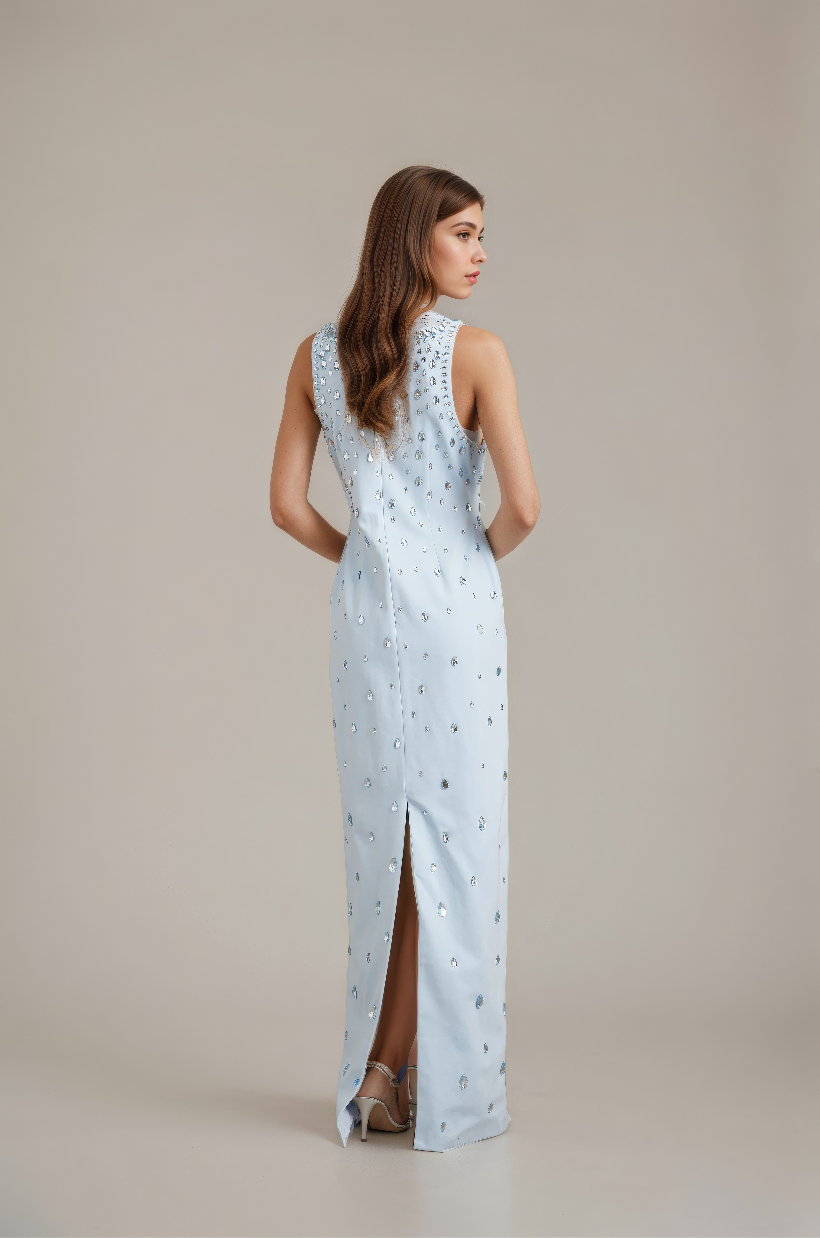Azure Dewdrop Embellished Column Gown