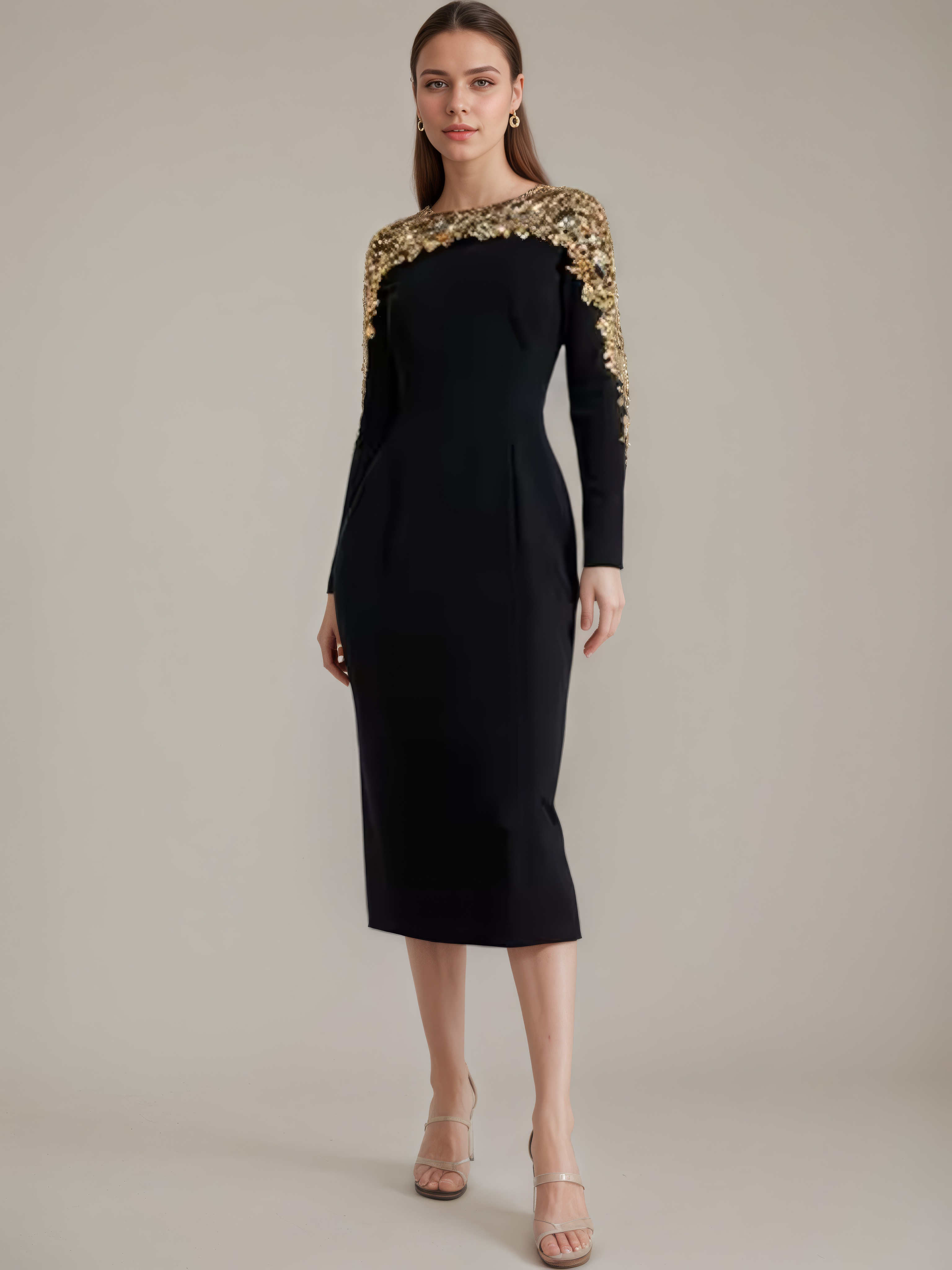 Beaded Illusion Shoulder Long Sleeve Dress