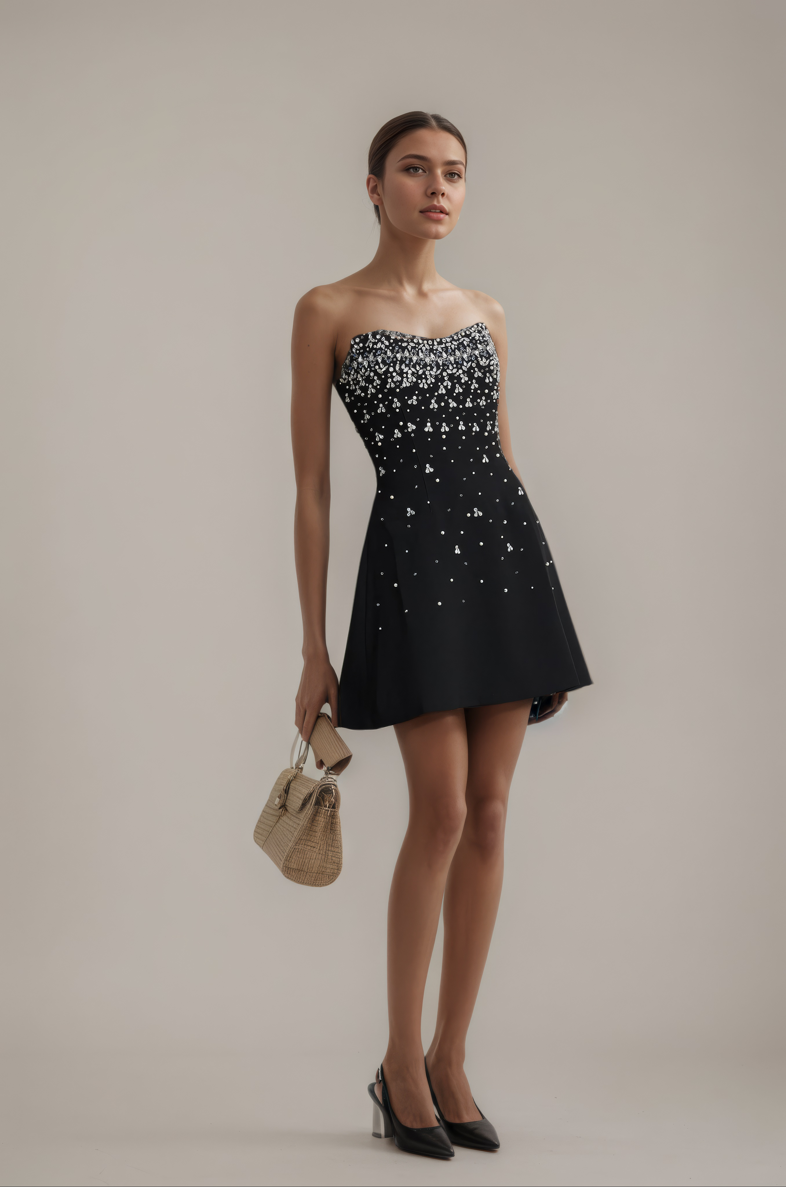 Black Crystal-Studded White Strapless Mini Dress