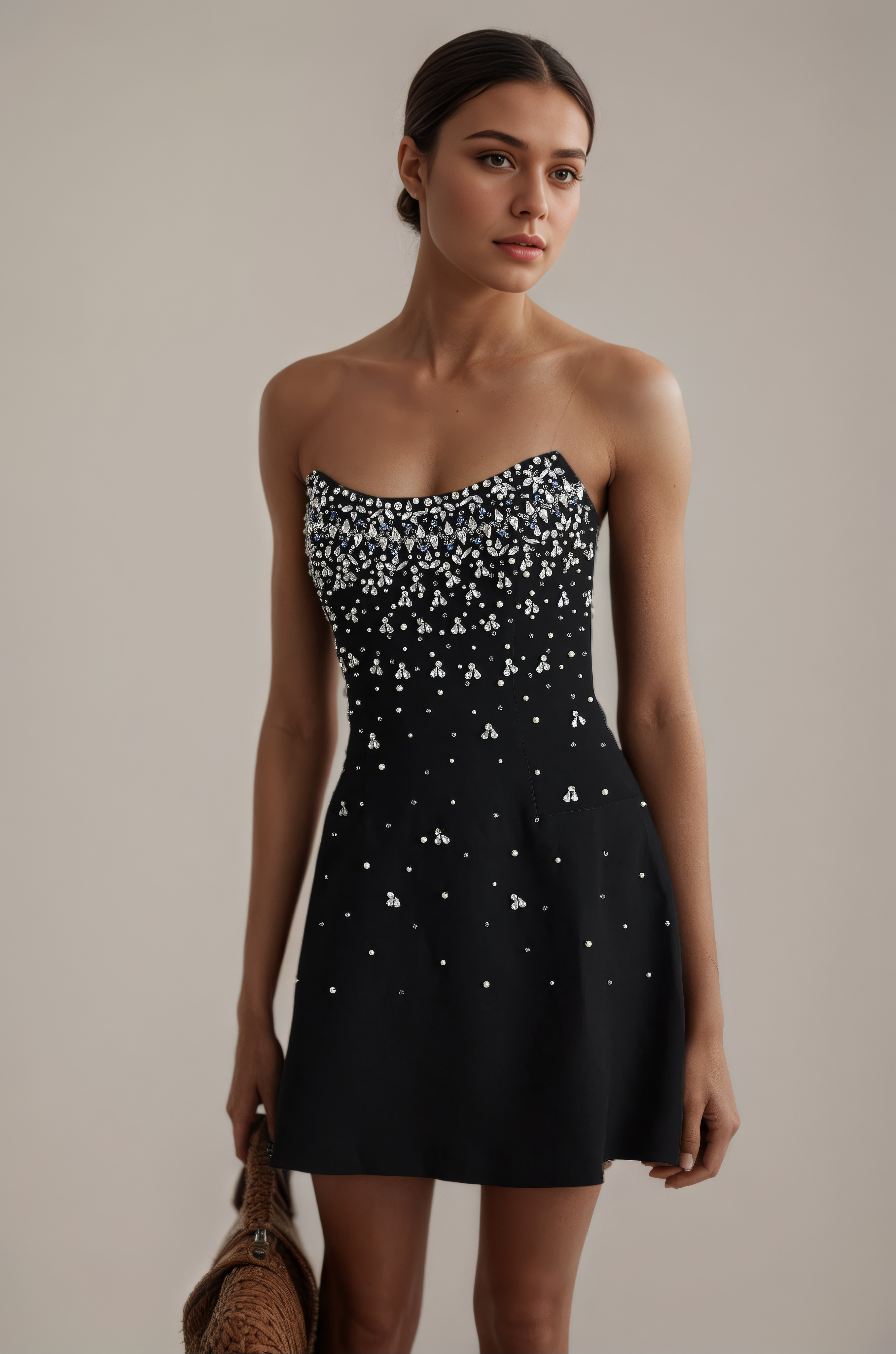 Black Crystal-Studded White Strapless Mini Dress