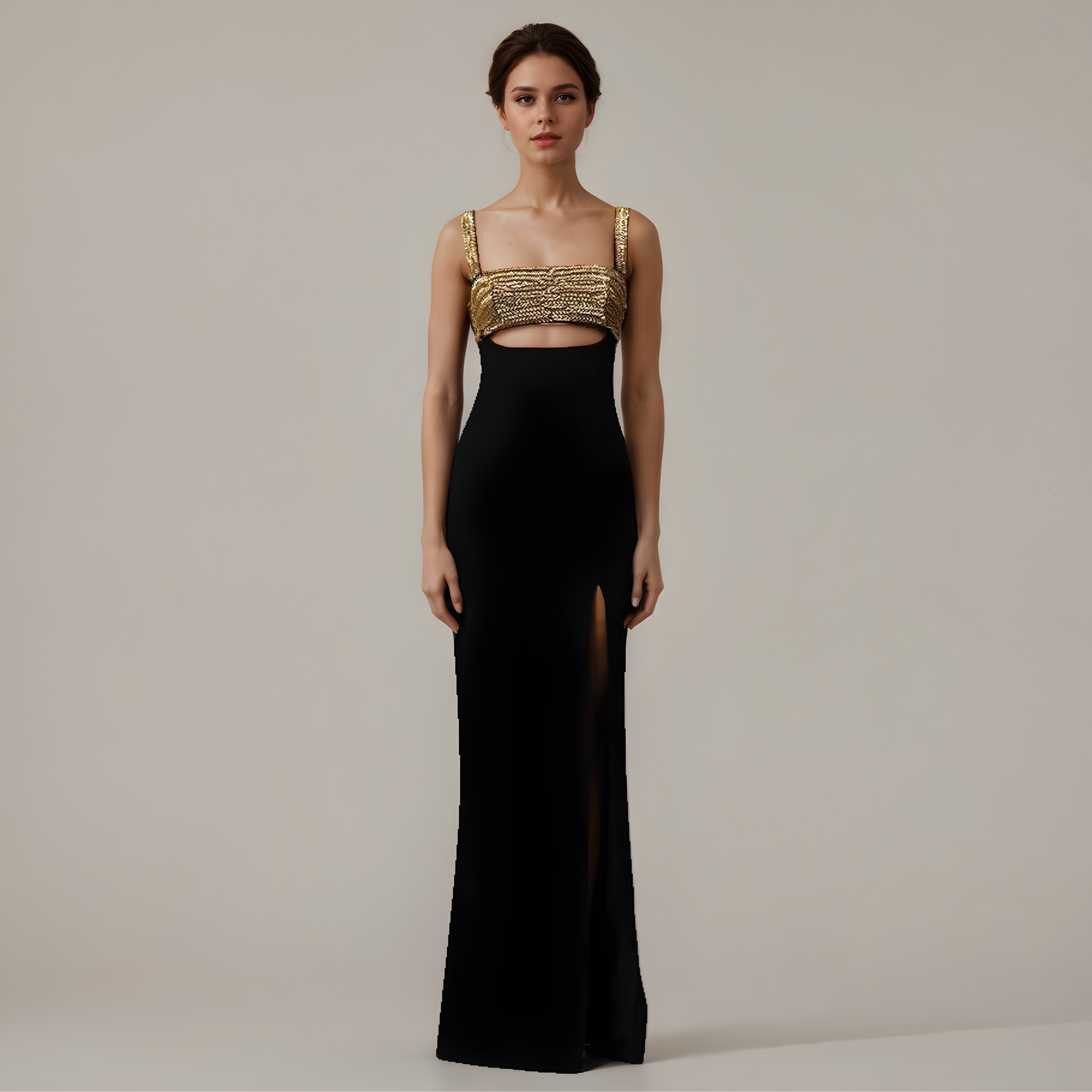 Black Cutout Gown with Beaded Bodice