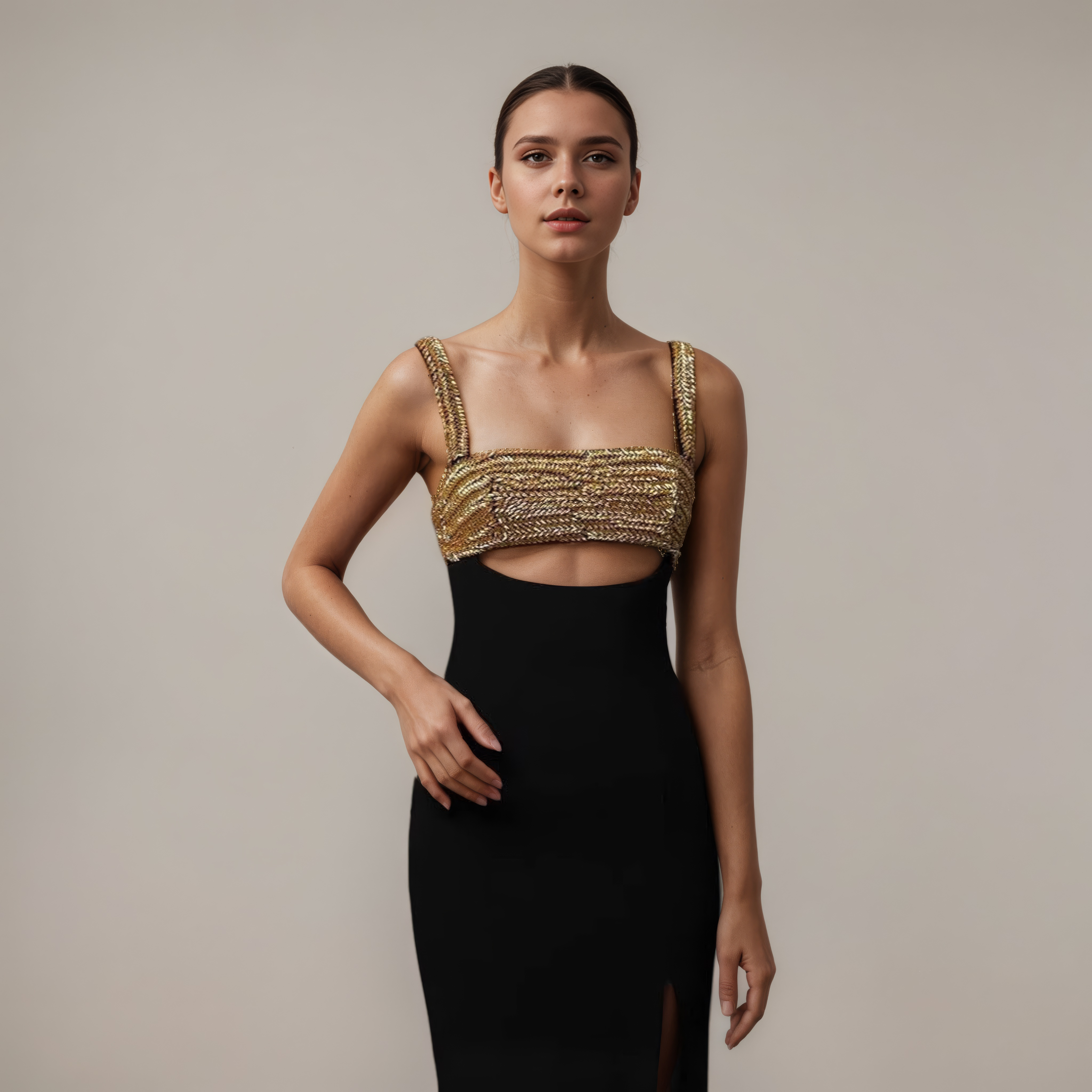 Black Cutout Gown with Beaded Bodice