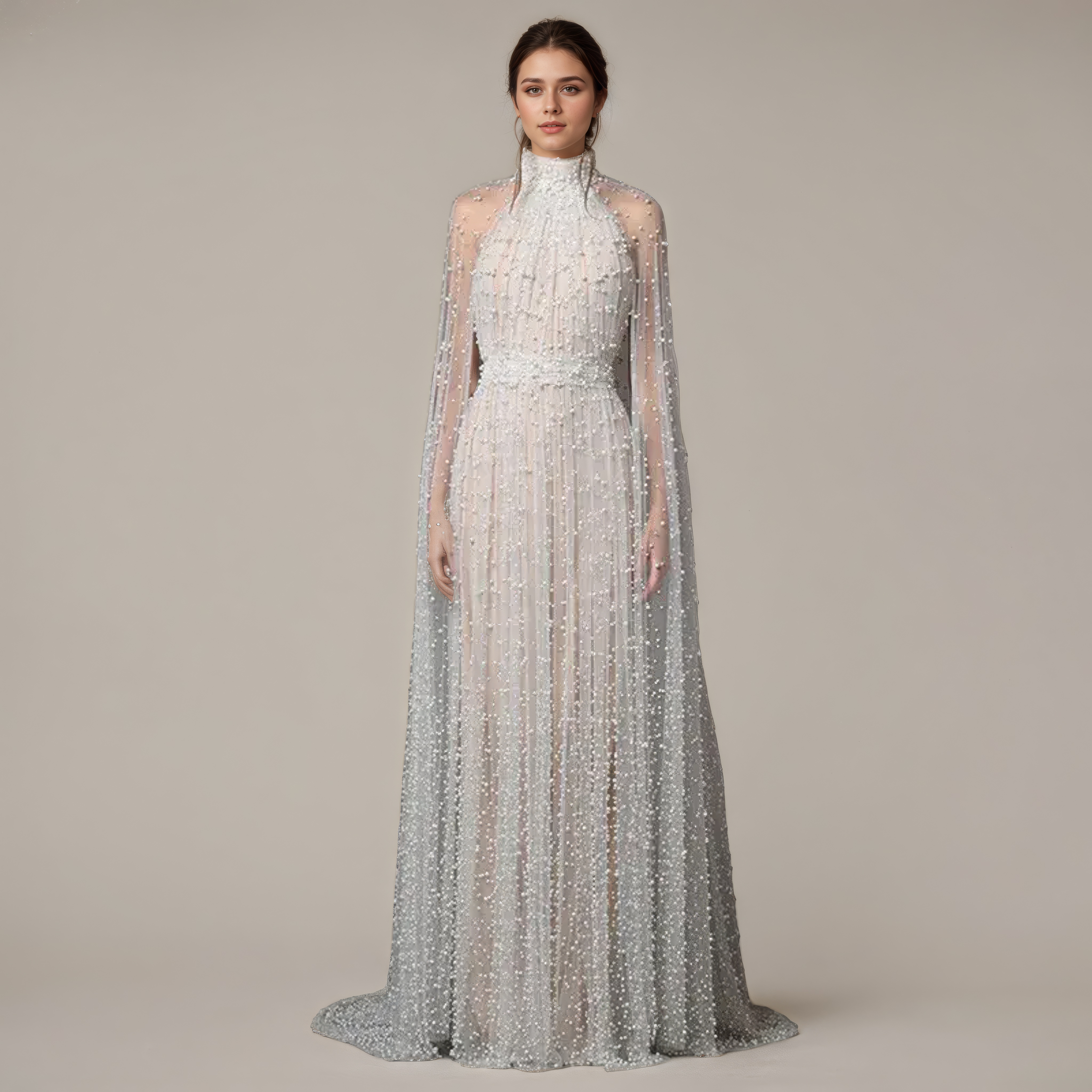 Celestial Veil Pearl-Embroidered Mesh Gown