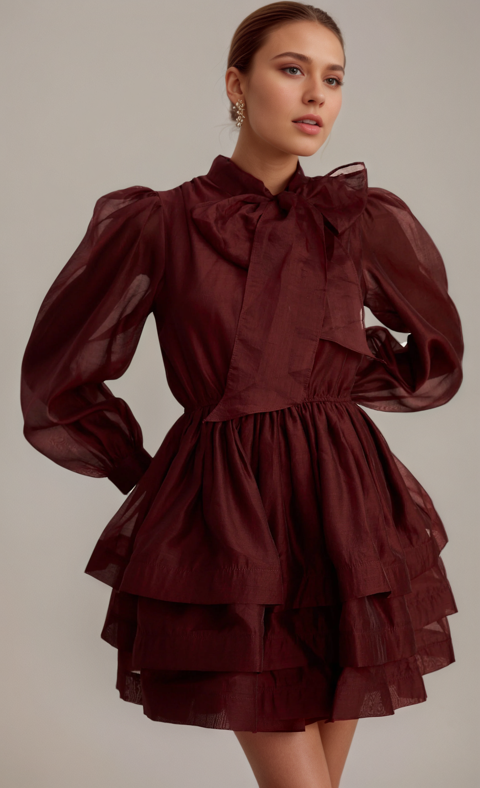 Crimson Bow-Tier Ruffle Mini Dress