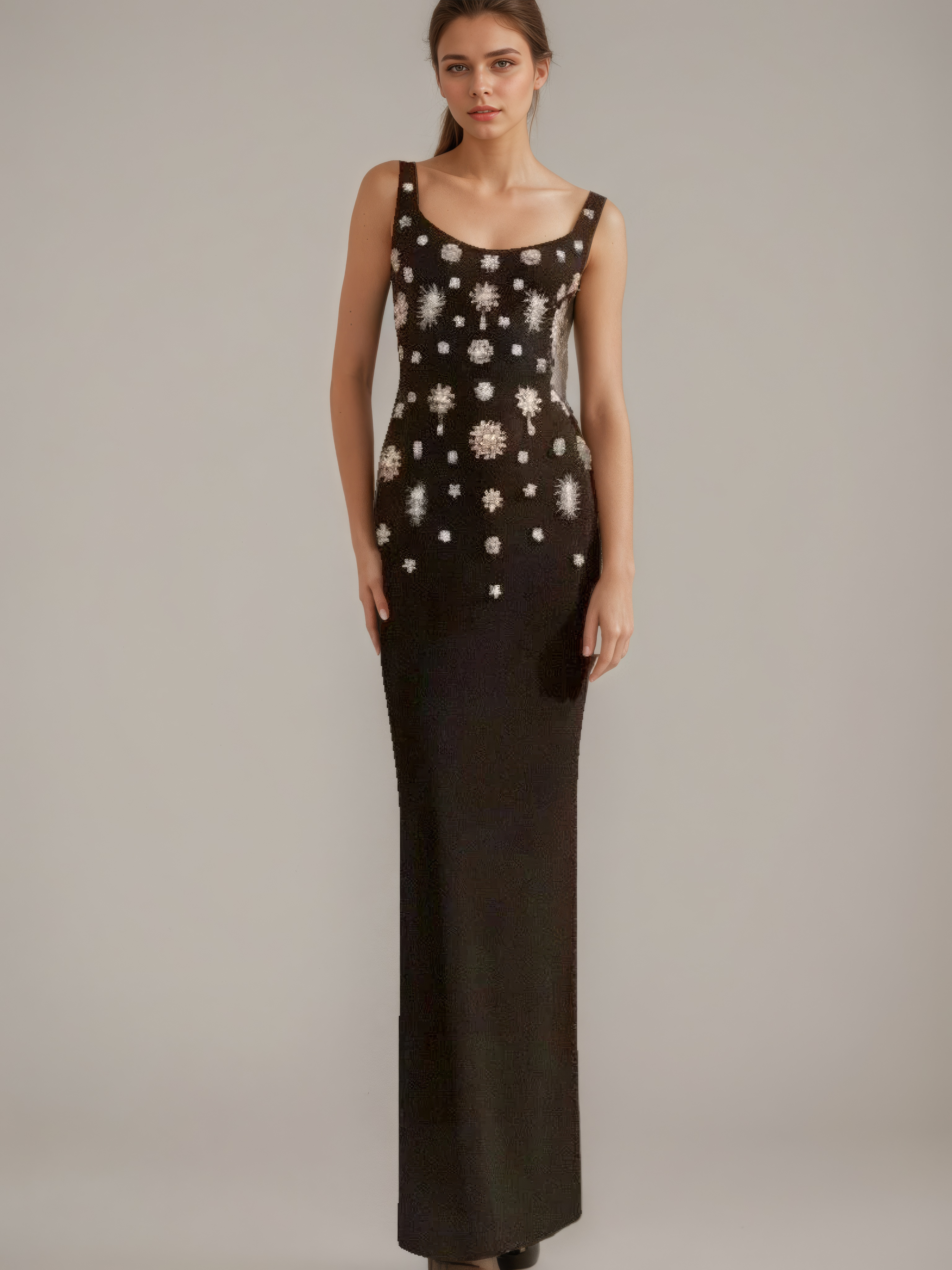 Crystal-Embellished Black Bodycon Evening Gown