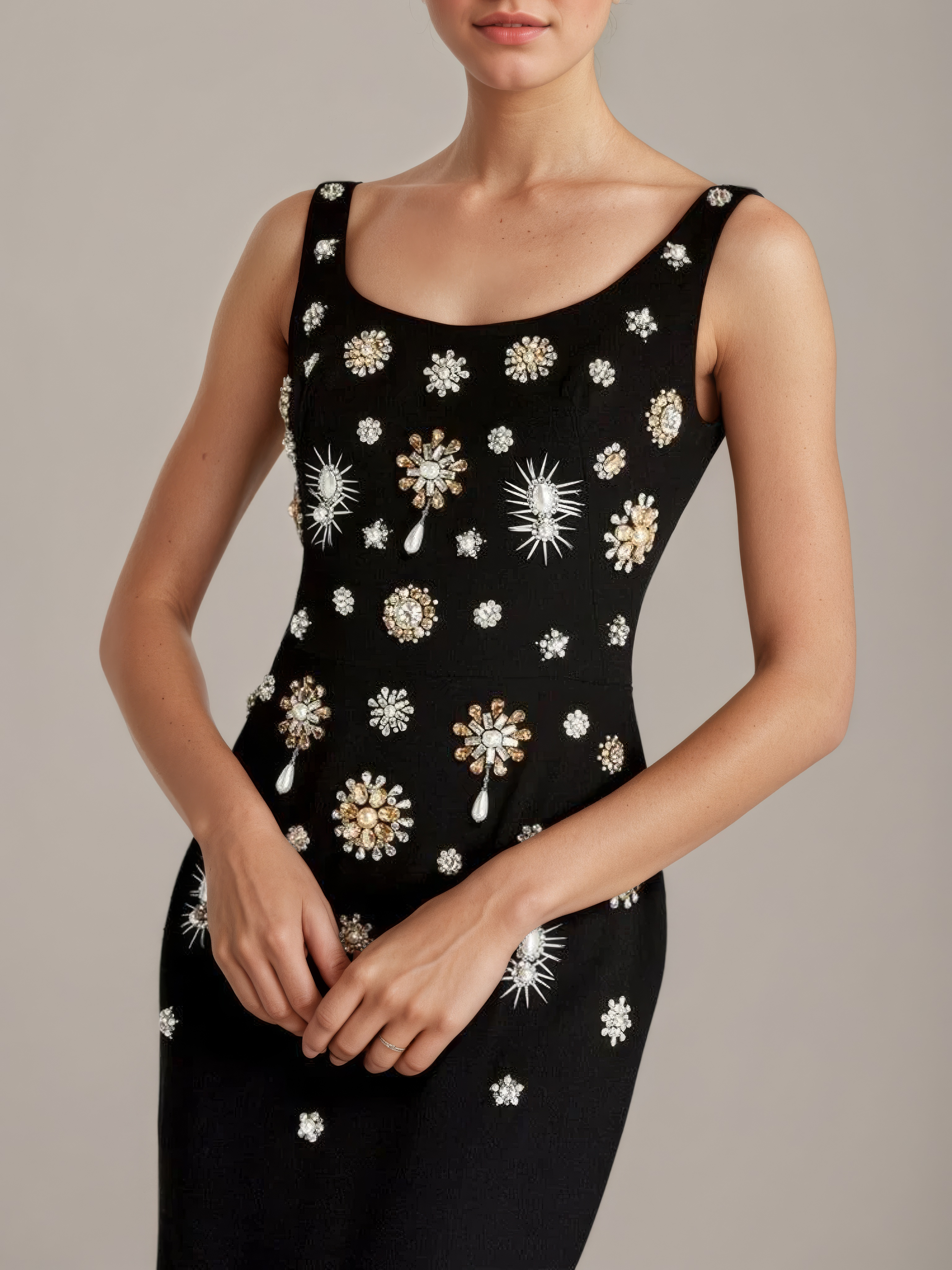 Crystal-Embellished Black Bodycon Evening Gown