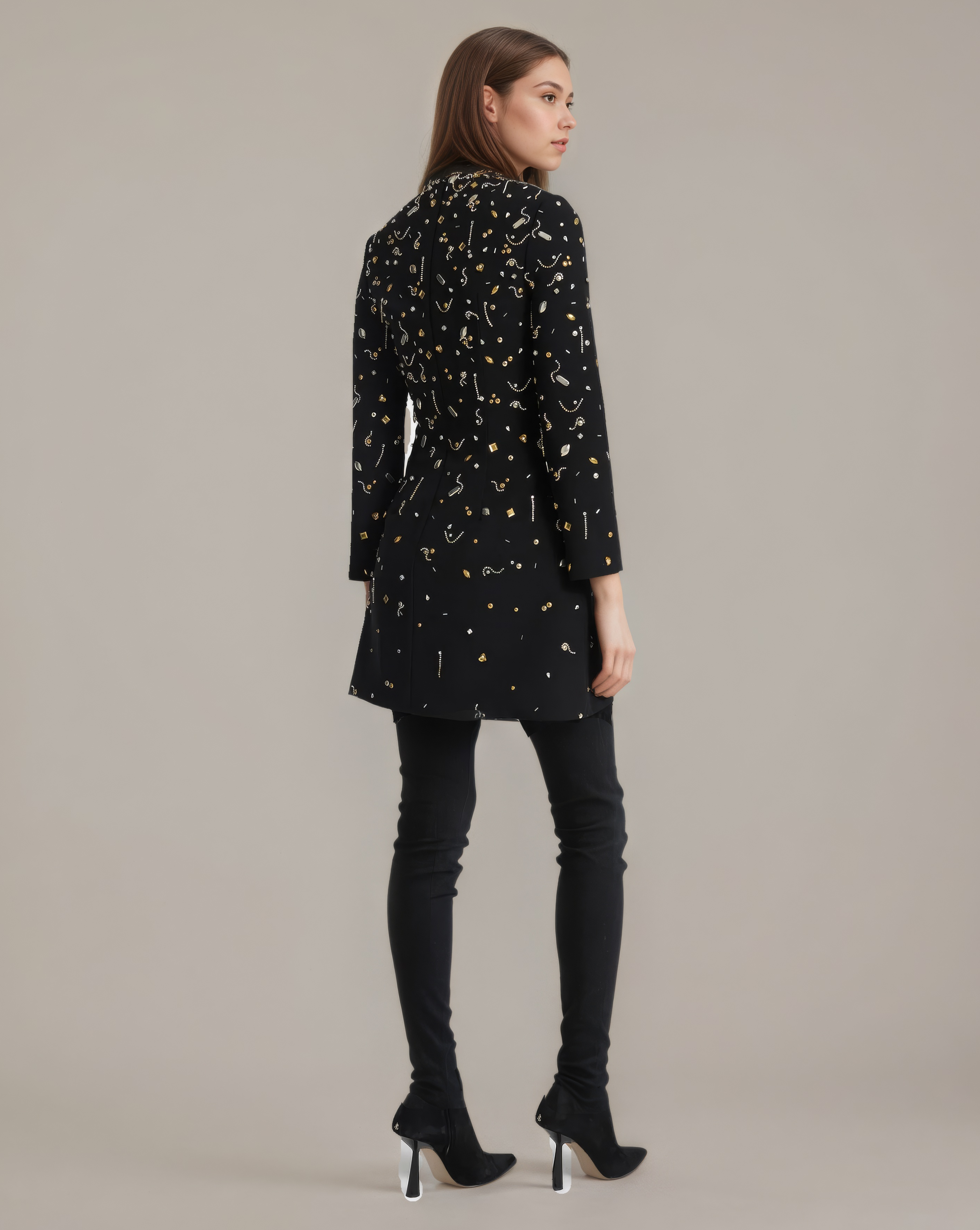 Heavy Beaded Long Sleeve Mini Dress