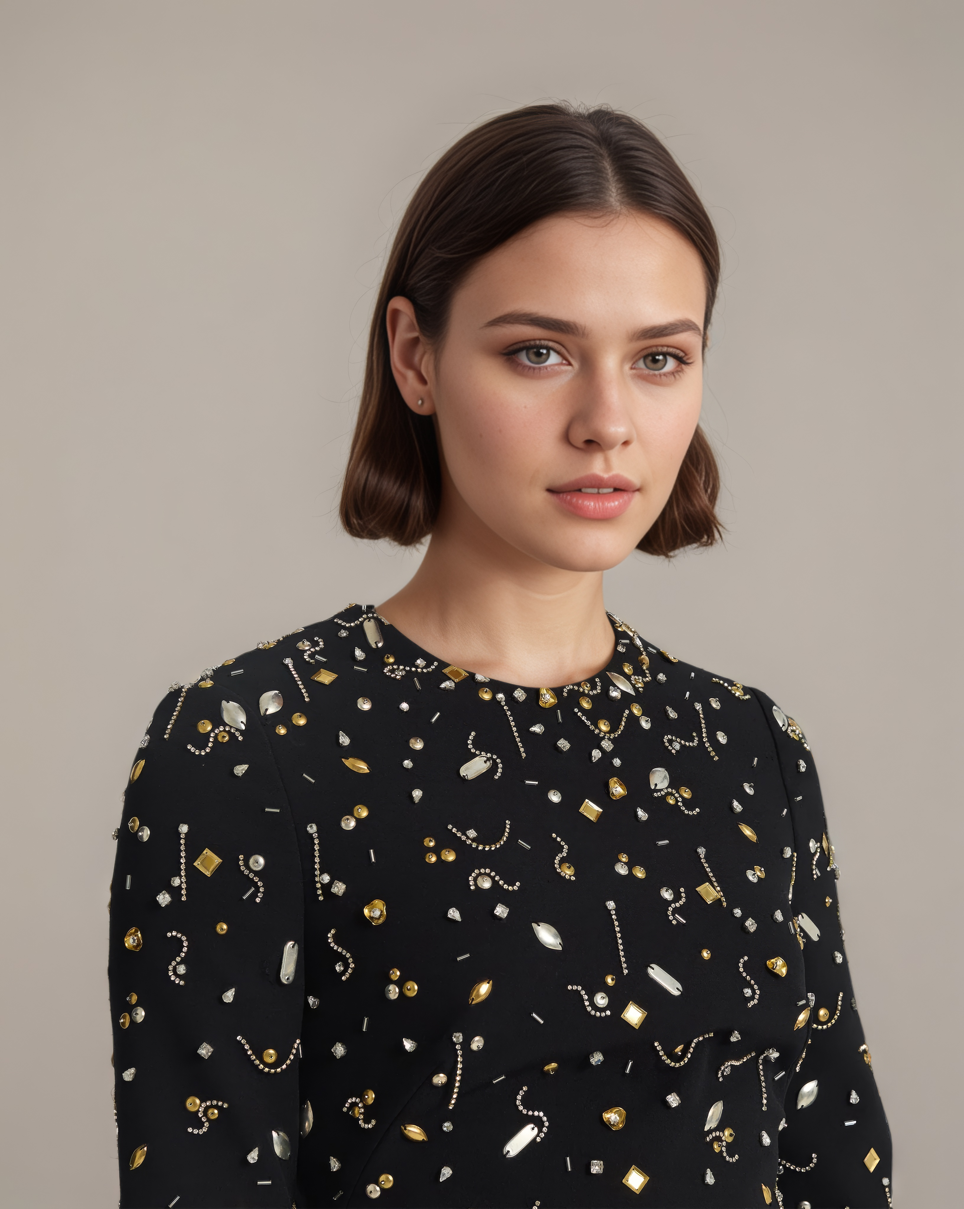 Heavy Beaded Long Sleeve Mini Dress