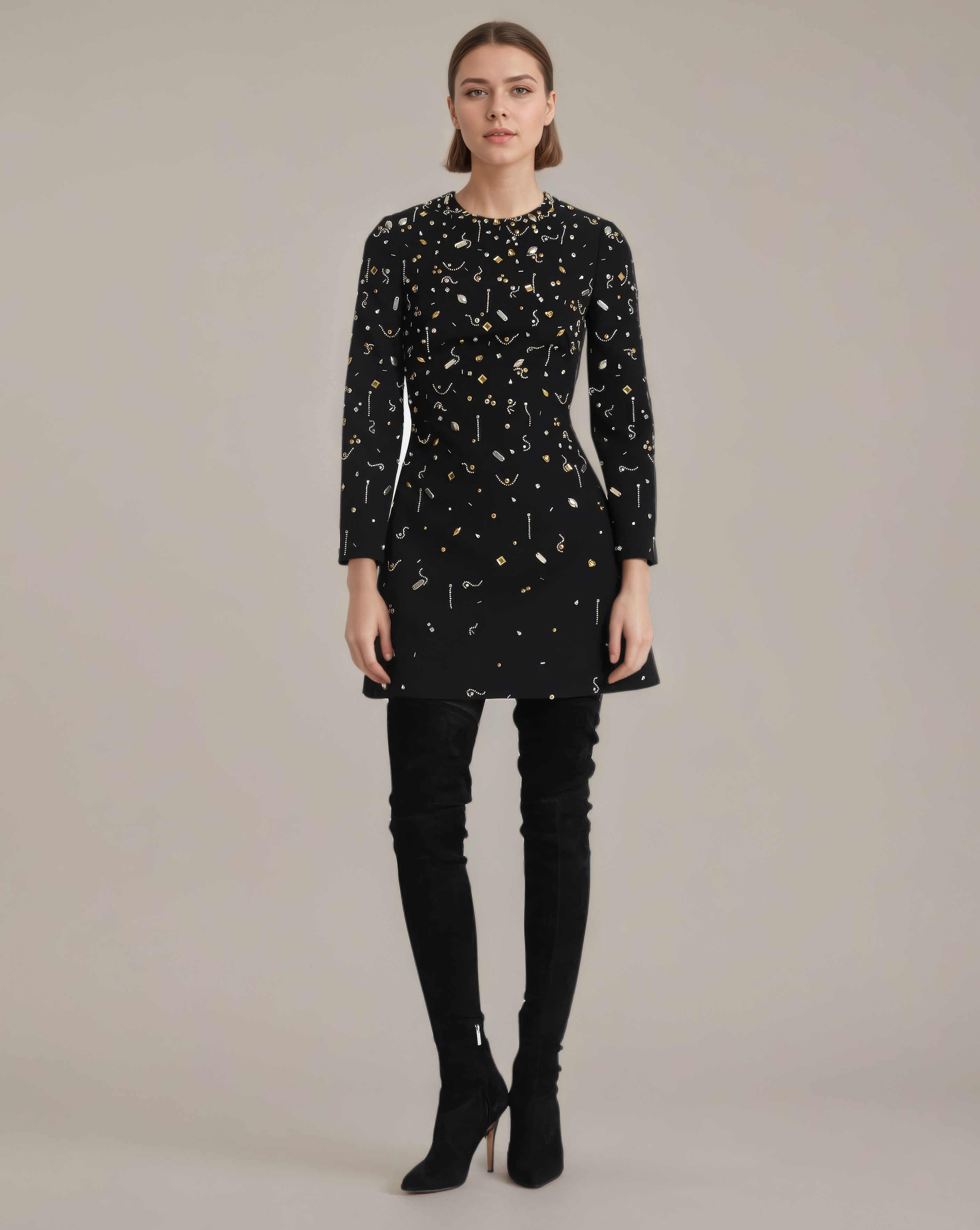 Heavy Beaded Long Sleeve Mini Dress