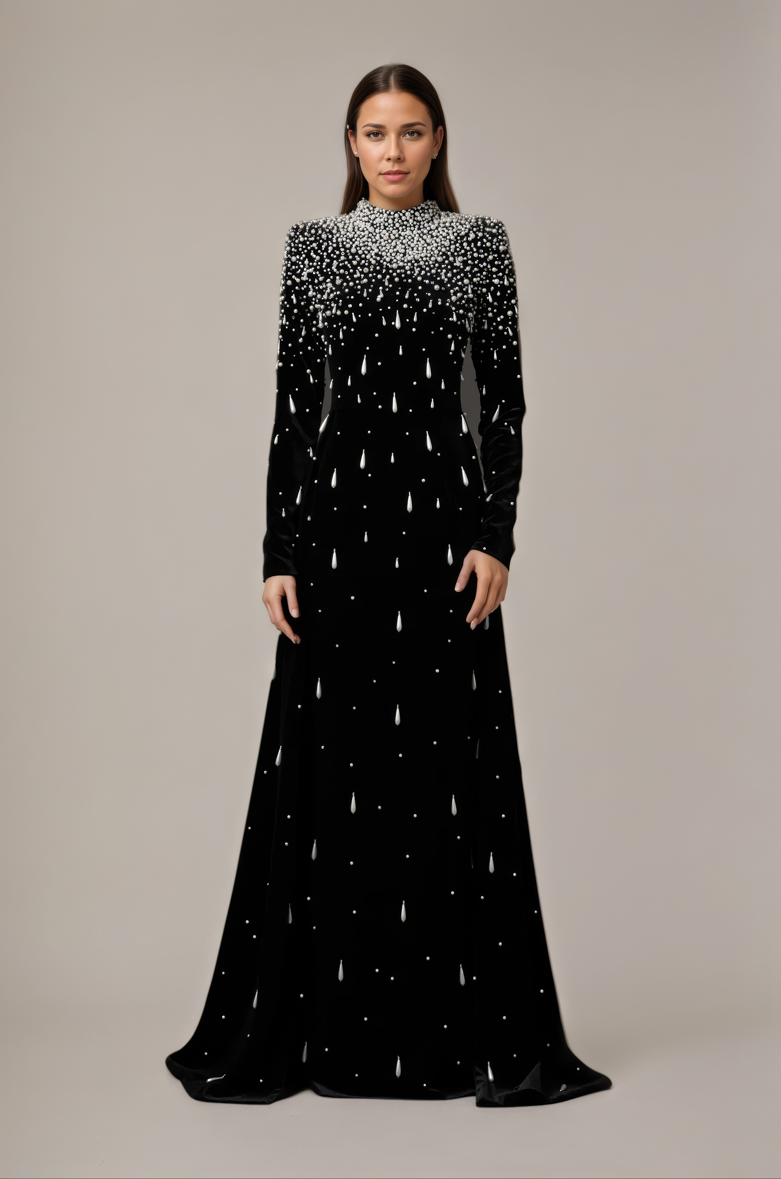 Heavy Pearl Embellished Long Velvet Gown