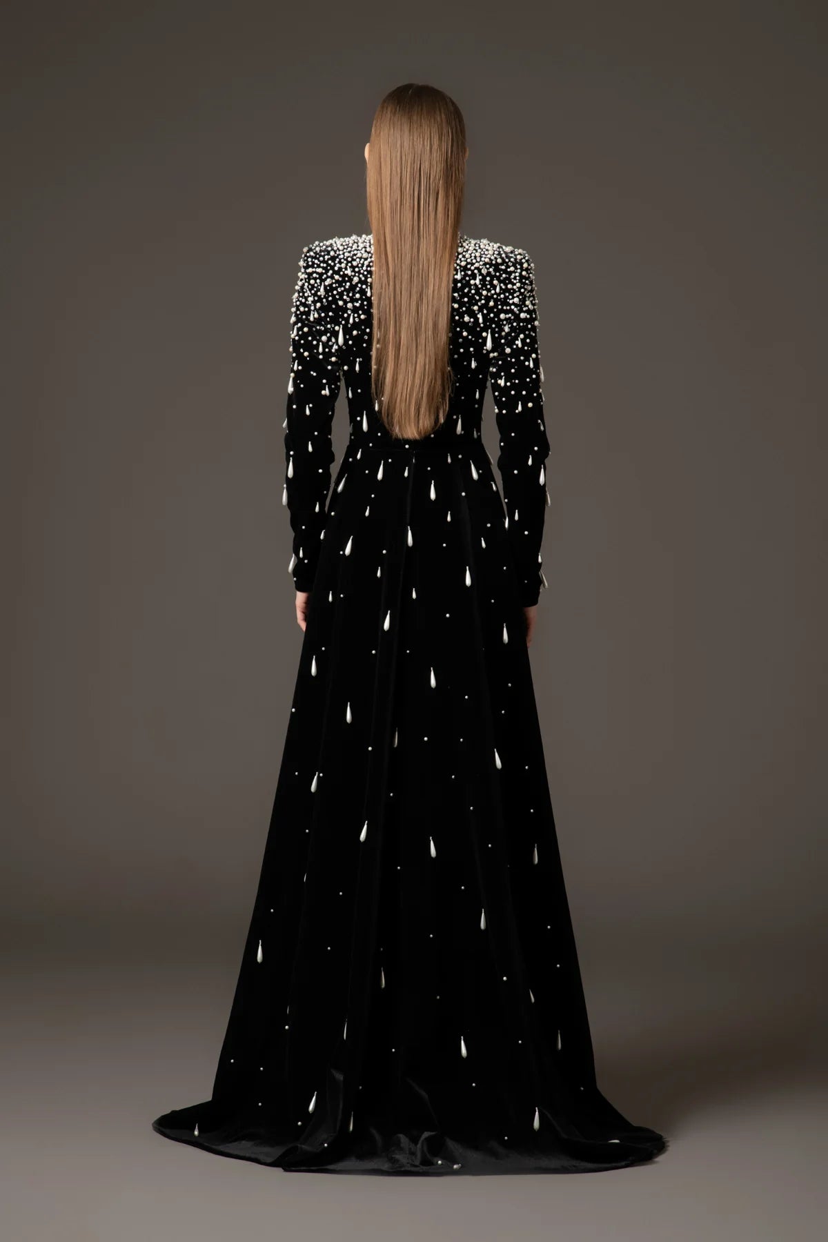 Heavy Pearl Embellished Long Velvet Gown