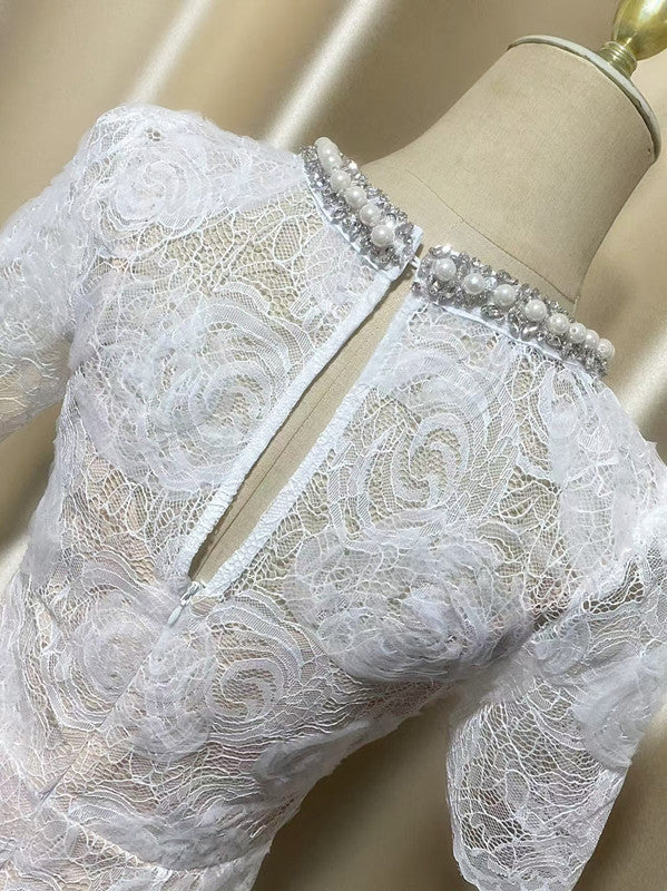 Ivory Floral Lace Crew-Neck Midi Dress