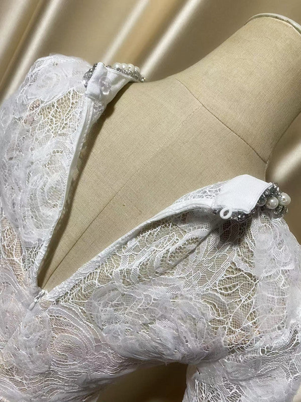 Ivory Floral Lace Crew-Neck Midi Dress