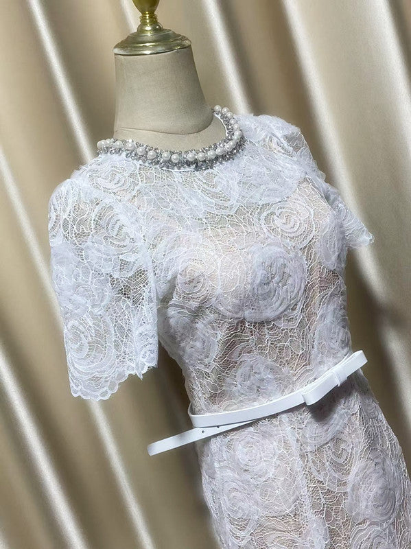 Ivory Floral Lace Crew-Neck Midi Dress