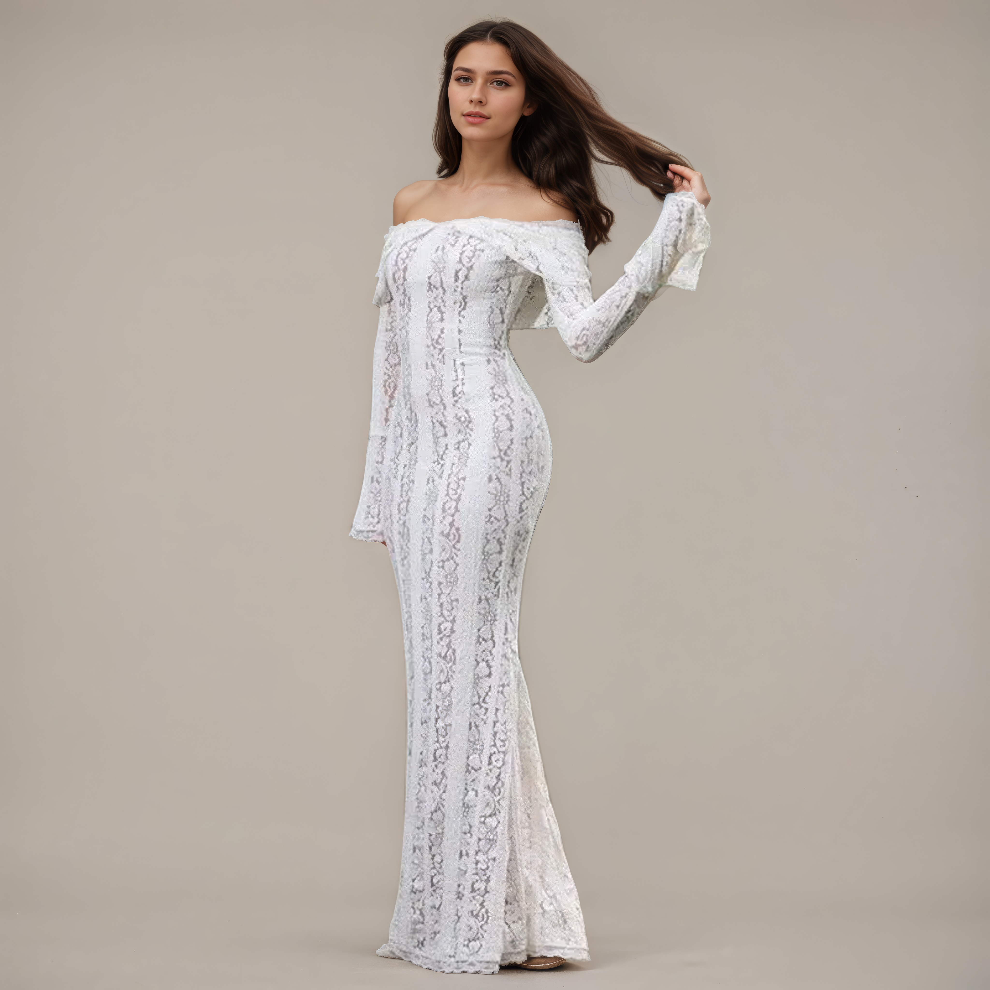 Ivory Lace Bell-Sleeve Siren Gown