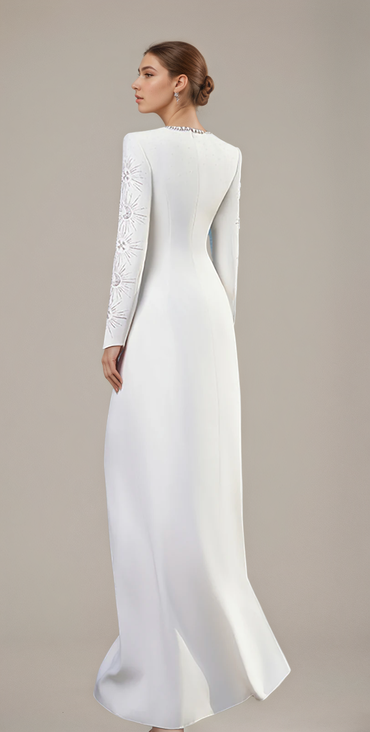 Ivory Starburst Embellished Long-Sleeve Evening Gown