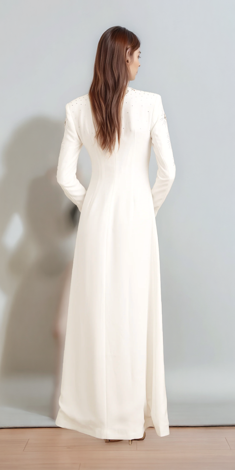 Ivory Starburst Embellished Long-Sleeve Evening Gown