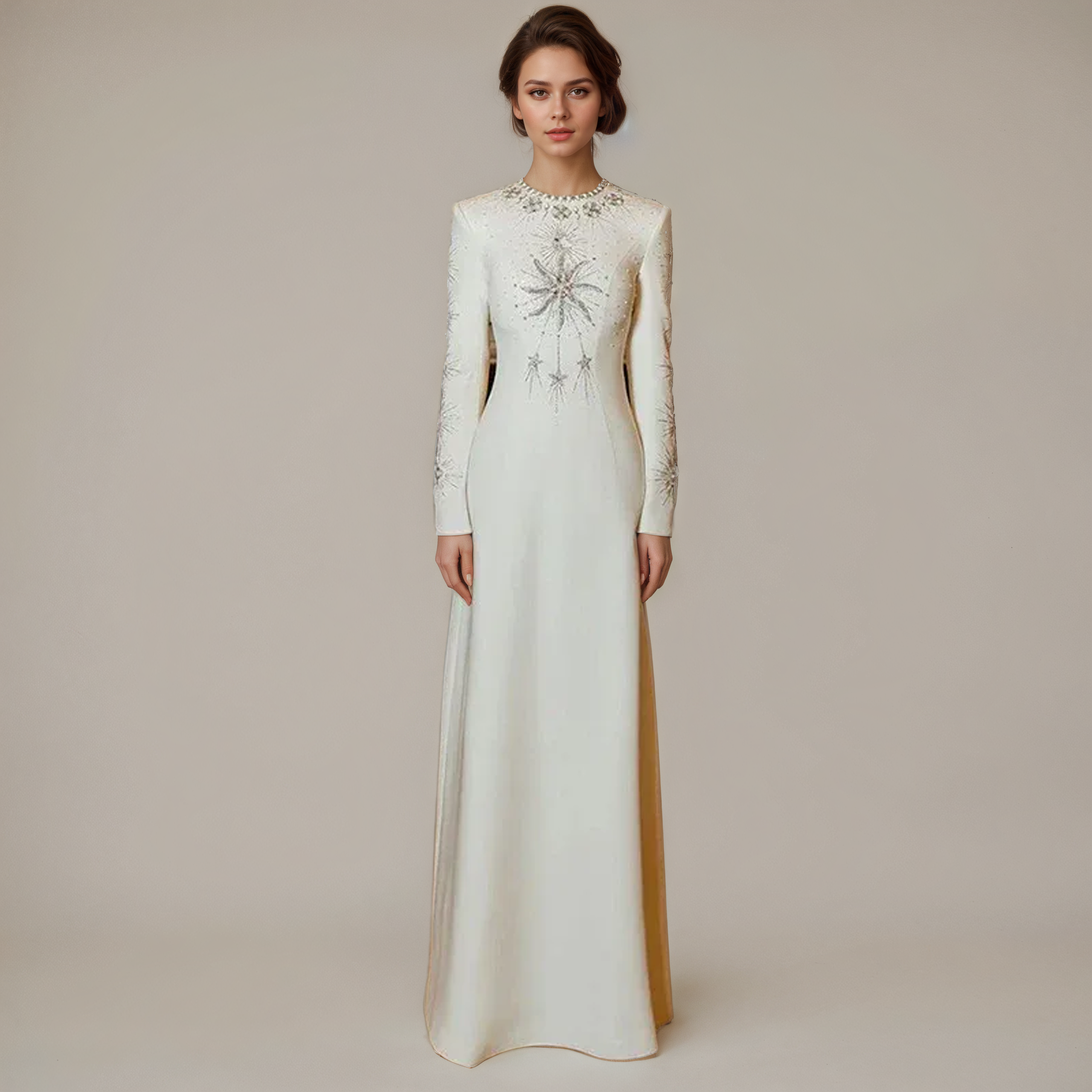 Ivory Starburst Embellished Long-Sleeve Evening Gown