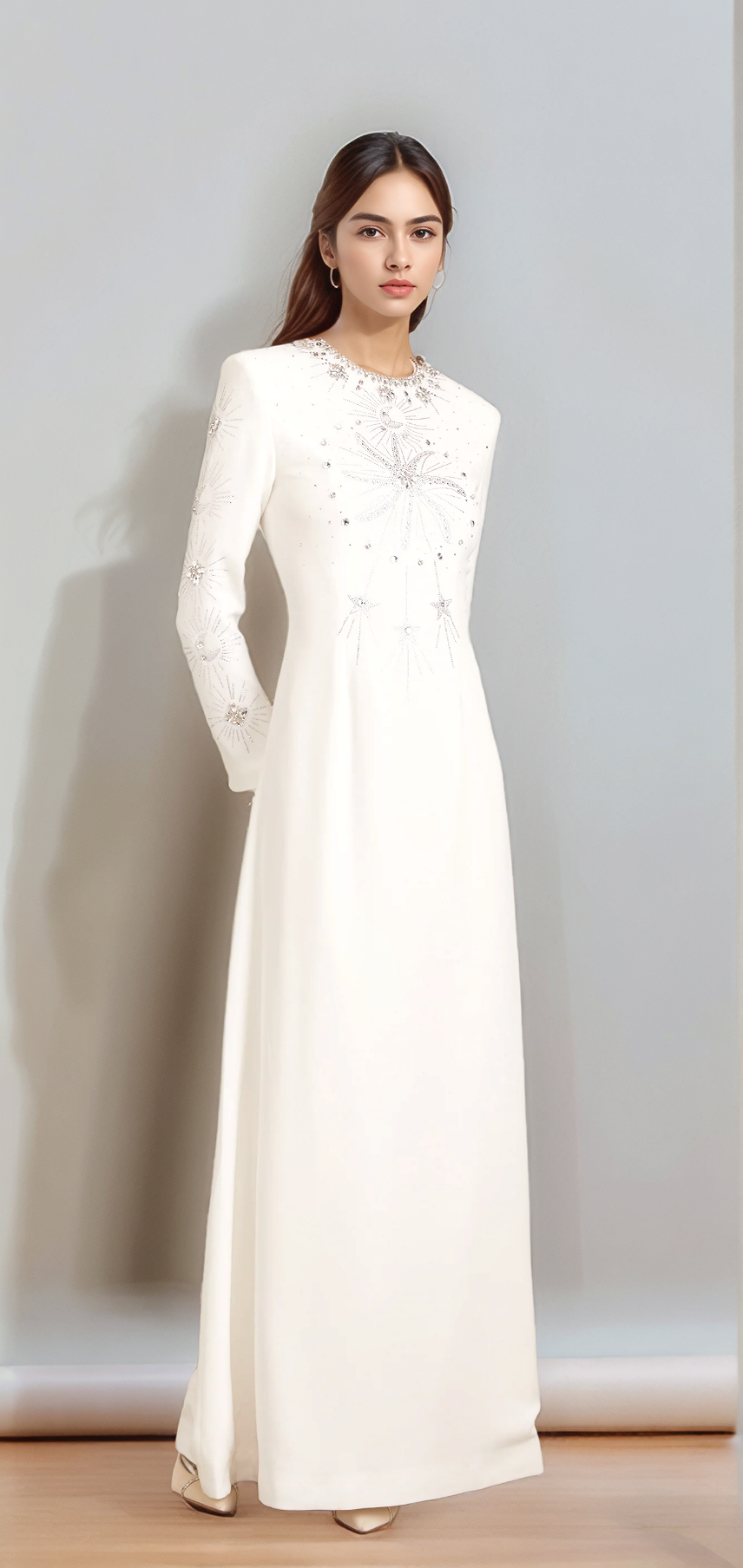 Ivory Starburst Embellished Long-Sleeve Evening Gown