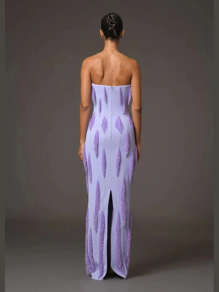 Lavender Strapless Beaded Fringe Column Gown