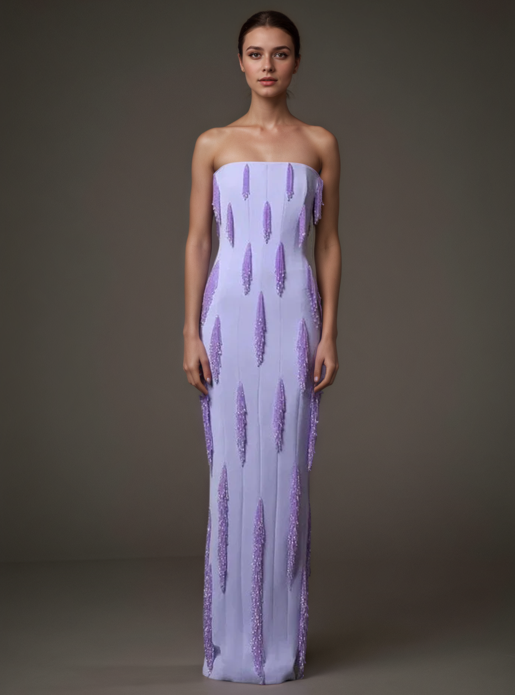 Lavender Strapless Beaded Fringe Column Gown