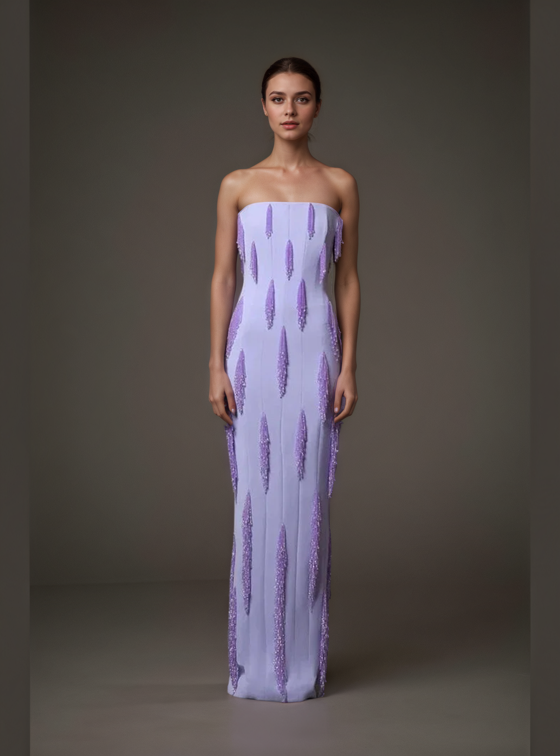 Lavender Strapless Beaded Fringe Column Gown