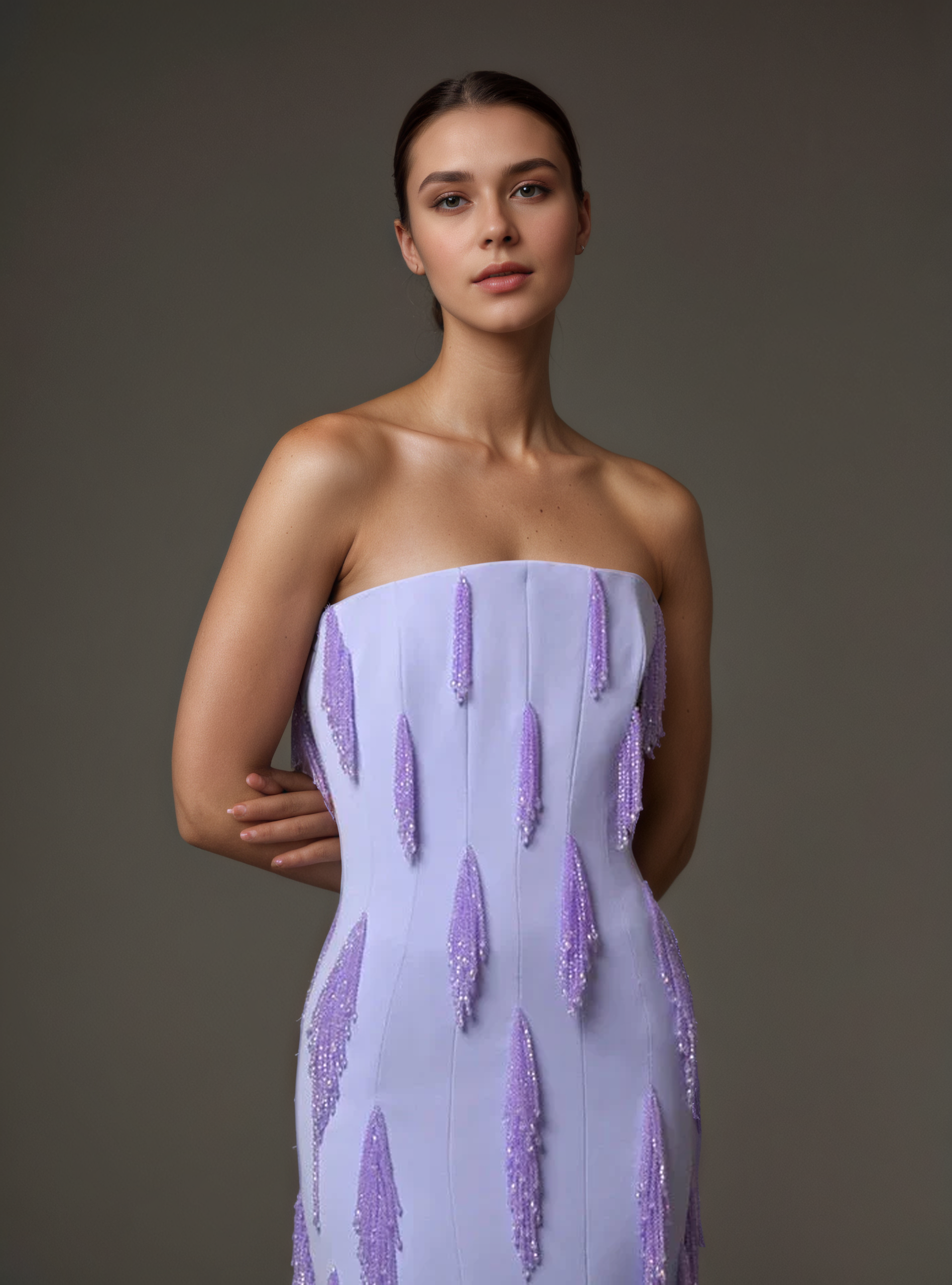 Lavender Strapless Beaded Fringe Column Gown