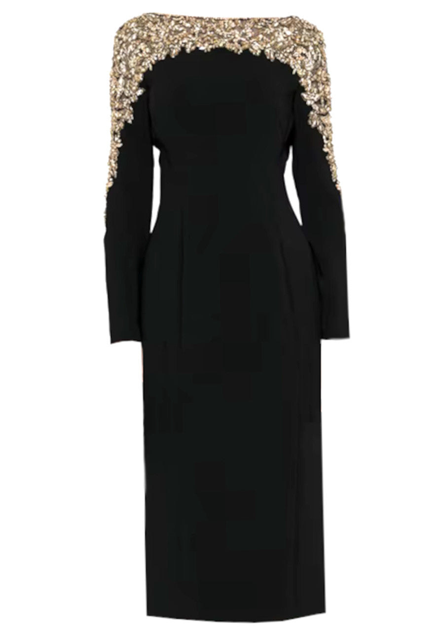 Beaded Illusion Shoulder Long Sleeve Dress